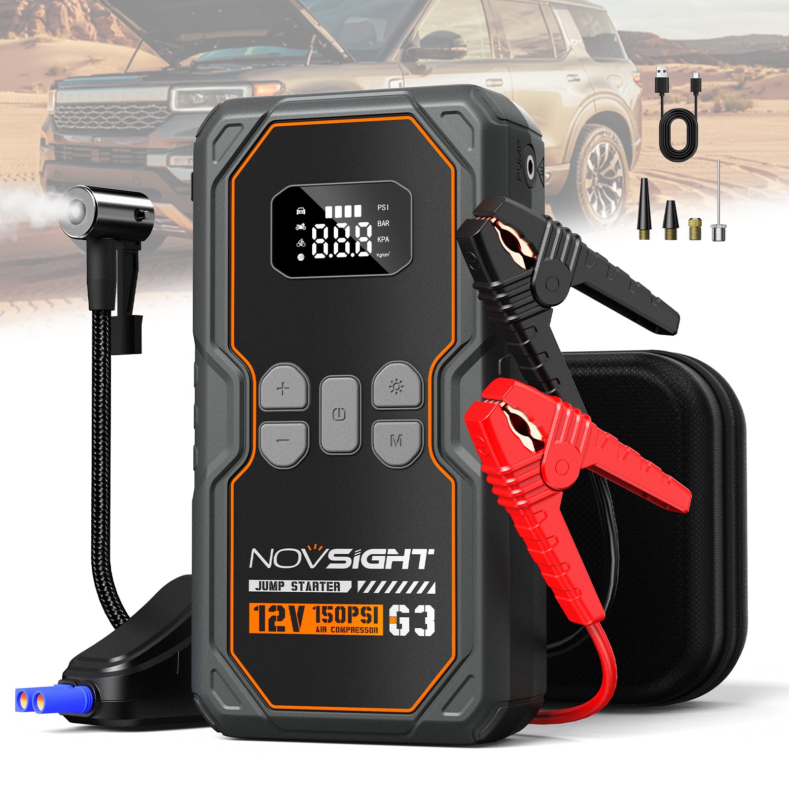 6250A Portable Car Jump Starter with Air Compressor - Emergency Vehicle Battery Booster & Tire Inflator for Roadside Assistance, Camping, and Winter Travel