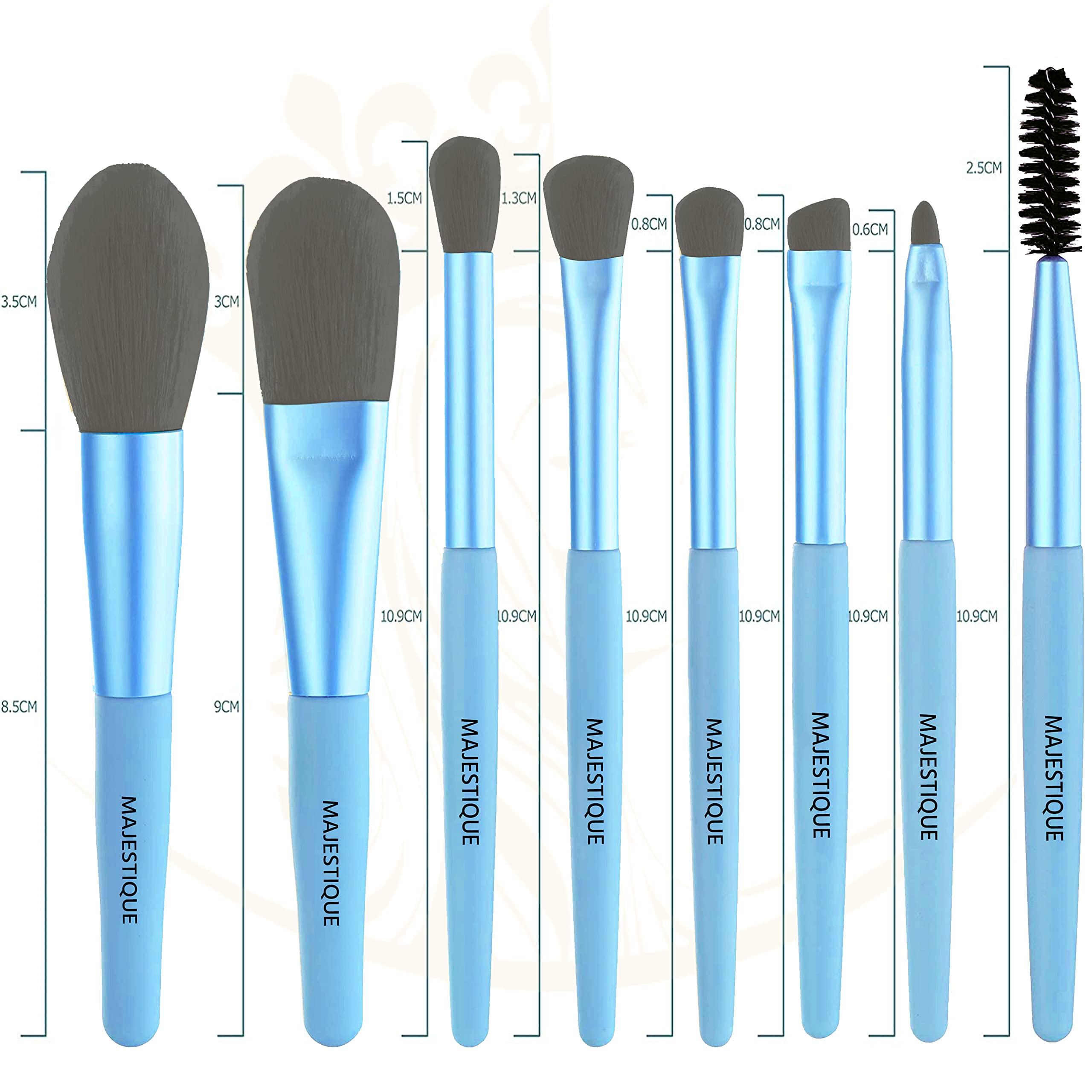 Majestique 8Pcs Professional Makeup Brush Set - Face Powder, Concealer, Eyeshadow, Eyebrow & Lip Brushes - Blue Cosmetic Beauty Tools for Everyday Makeup & Professional Use