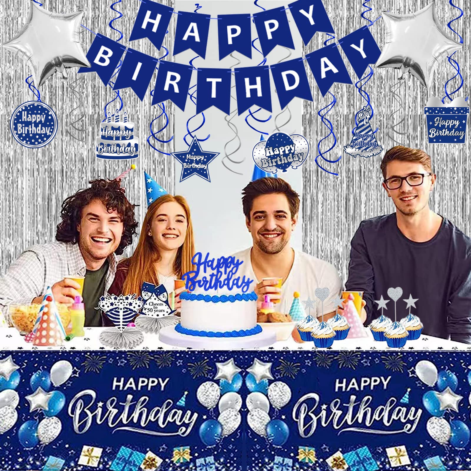 Navy Blue & Silver Birthday Party Decorations Set for Men & Women - Happy Birthday Banner, Tablecloth, Balloons, Fringe Curtains, Hanging Swirls & Cake Toppers | Perfect for Adult Birthday Parties, Office Celebrations & Surprise Decorations