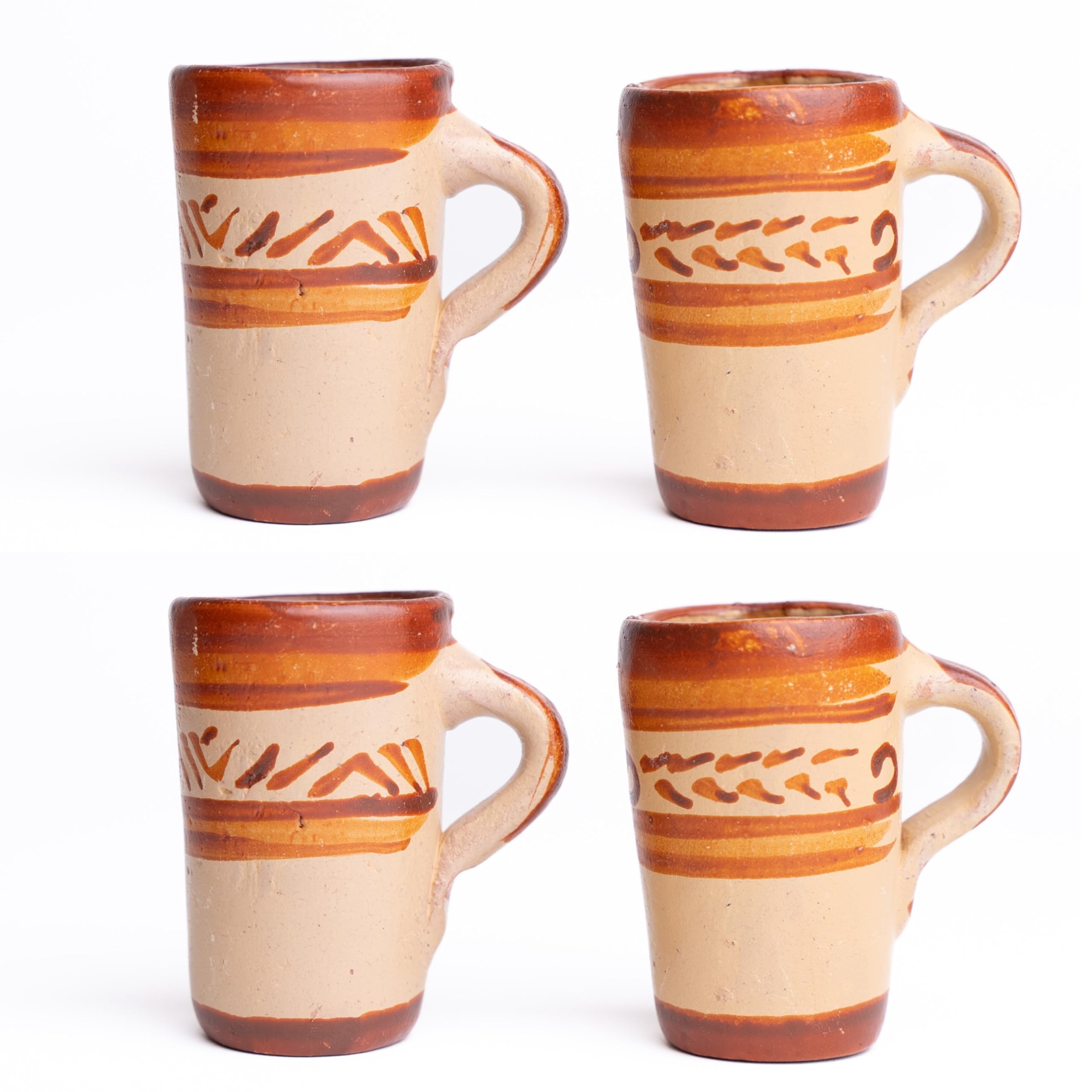 Premium Tequila Shot Glasses Set of 4 - Authentic Mexican Terracotta Clay Cups (2oz) - Handcrafted Barro Canelo with Handle - Perfect for Cinco de Mayo, Margarita Parties & Mexican-Themed Events
