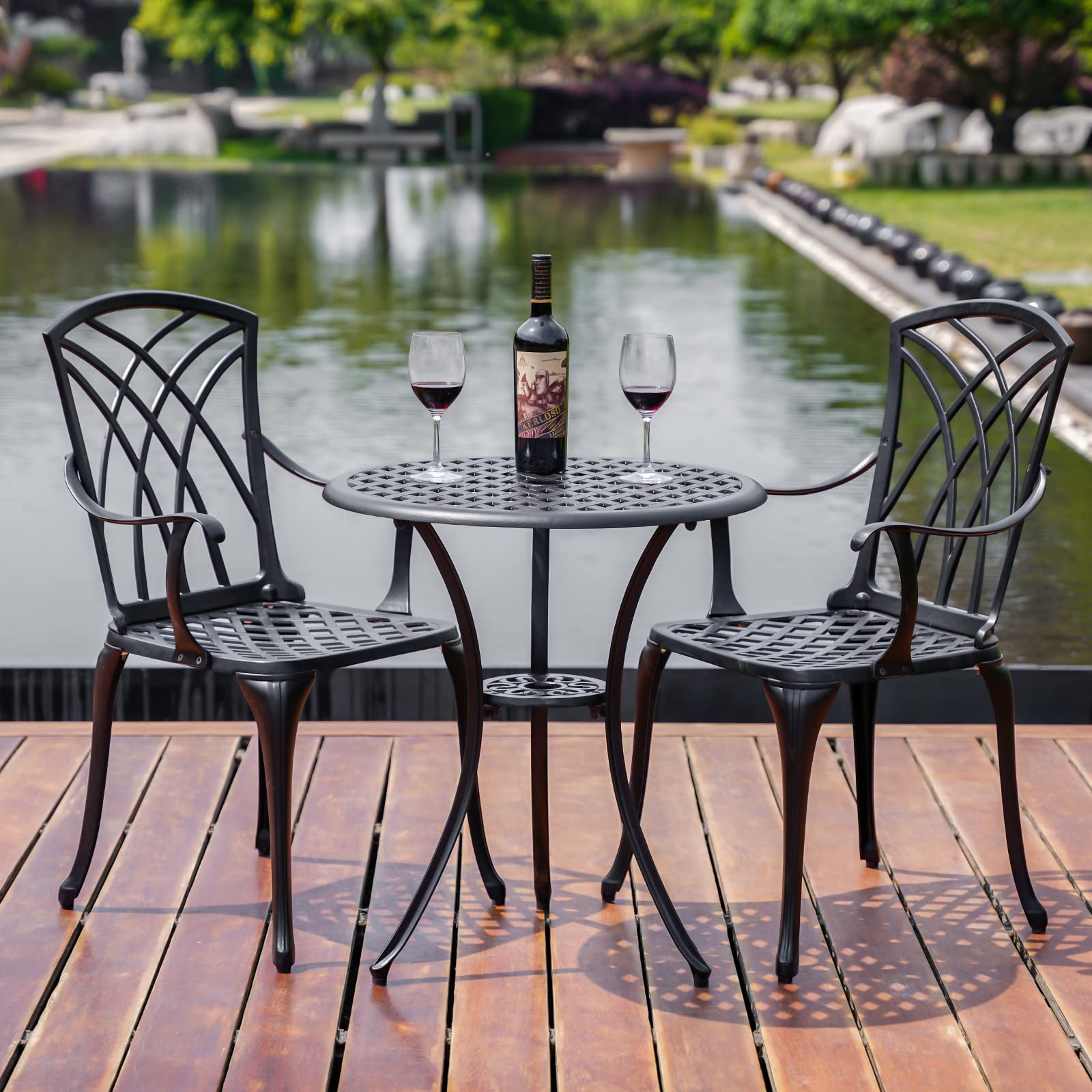 Outdoor 3-Piece Bistro Set - Durable Cast Aluminum Table & 2 Chairs - All-Weather Patio Furniture for Garden, Deck, or Balcony - Black - Perfect for Coffee, Dining & Relaxing Outdoors