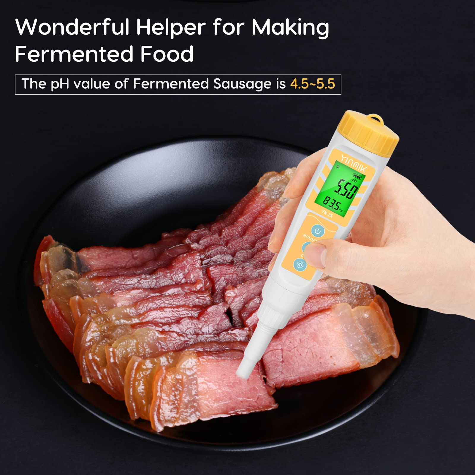 Digital pH Meter for Food - Accurate pH Probe for Sourdough, Bread Dough, Fermenting Sausages & Salami | Waterproof pH Tester for Solid/Liquid Samples & Soft Soil | Perfect for Home Baking, Meat Curing & Gardening