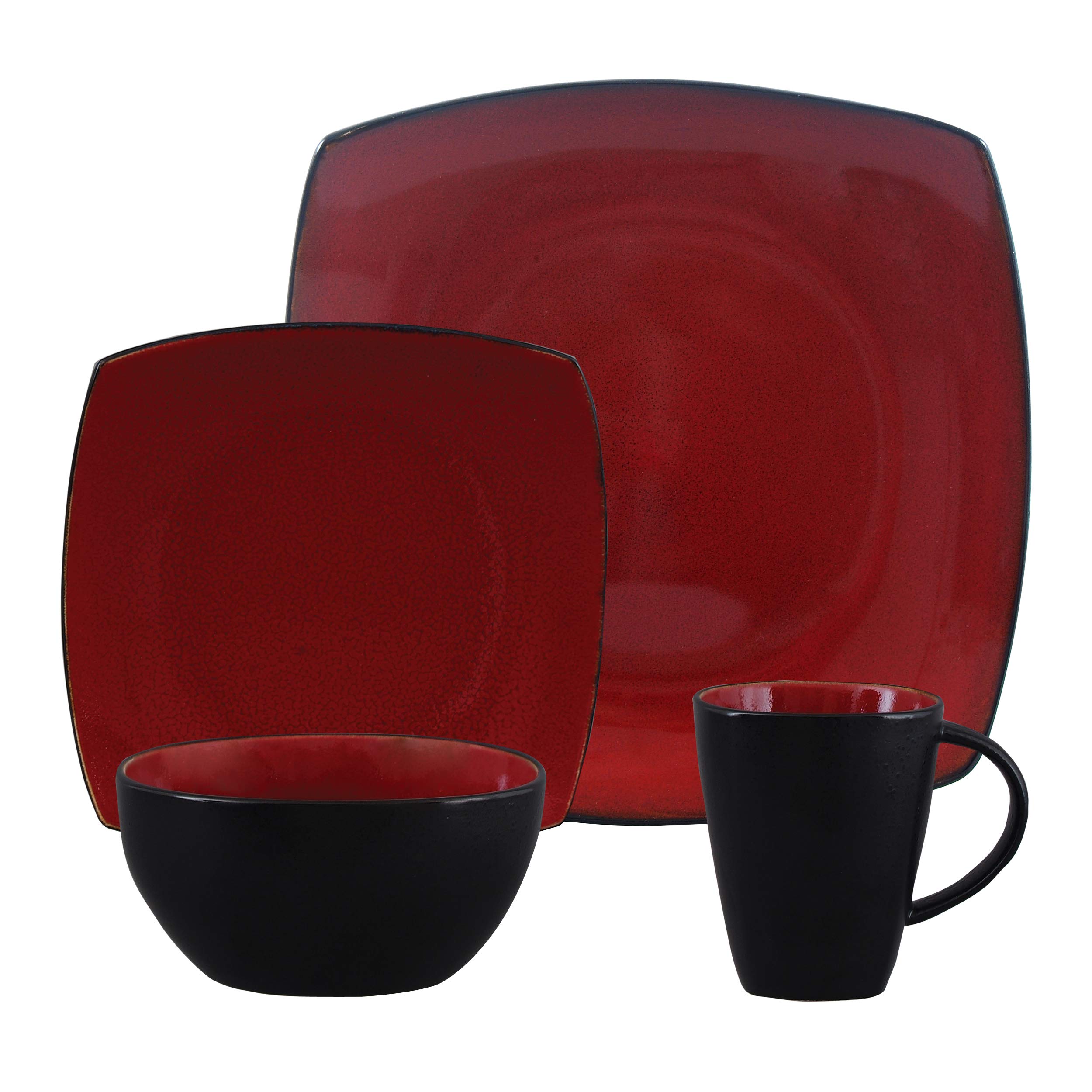 Cook N Home 16-Piece Nonstick Pots and Pans Set with Gibson Soho 16-Piece Square Dinnerware Set - Service for 4, Red | Complete Kitchen Cookware & Dish Set for Family Dinners & Entertaining
