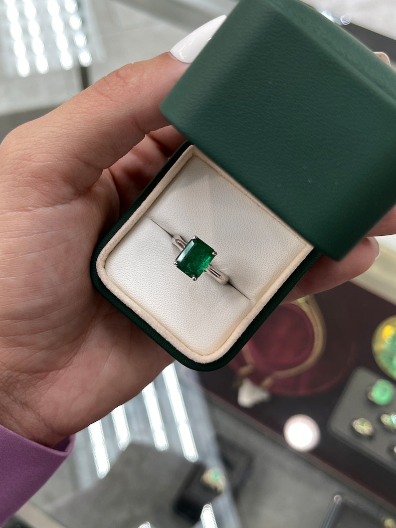 2.65ct Platinum Natural Vivid Rare Alpine Dark Green Emerald Cut Solitaire Four Prong Engagement Ring for Wedding Proposal & Anniversary Gift - Perfect for Bridal Jewelry & Special Occasions