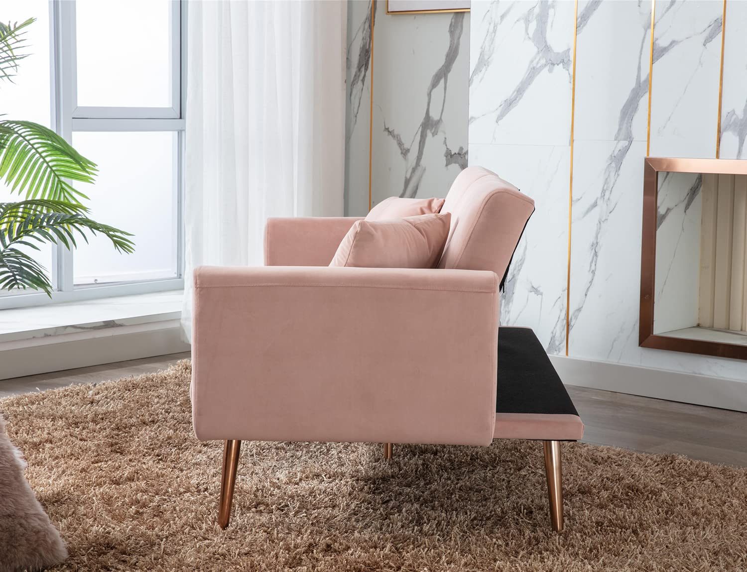 Antetek Velvet Futon Sofa Bed - 3 Adjustable Positions, Small Sleeper Sofa Loveseat with 2 Decorative Pillows, Modern Convertible Couch with 5 Metal Tapered Legs - Pink Velvet Upholstered Furniture for Living Room, Guest Room & Small Spaces