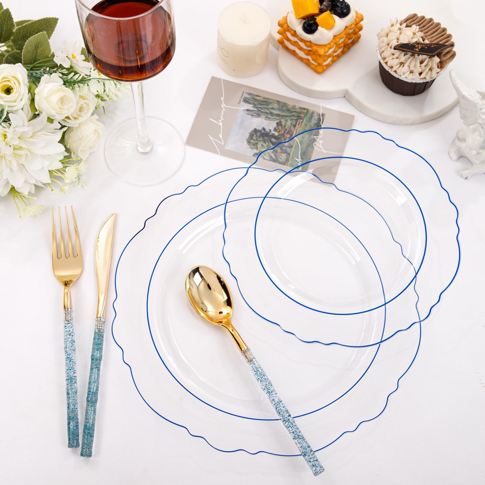 Liacere 150-Piece Clear Blue Plastic Plates Set with Glitter Bamboo Cutlery - Elegant Baroque Disposable Plates (60) & Utensils (30 Forks, 30 Spoons, 30 Knives) for Wedding, Party, Picnic, Summer BBQ and Outdoor Events
