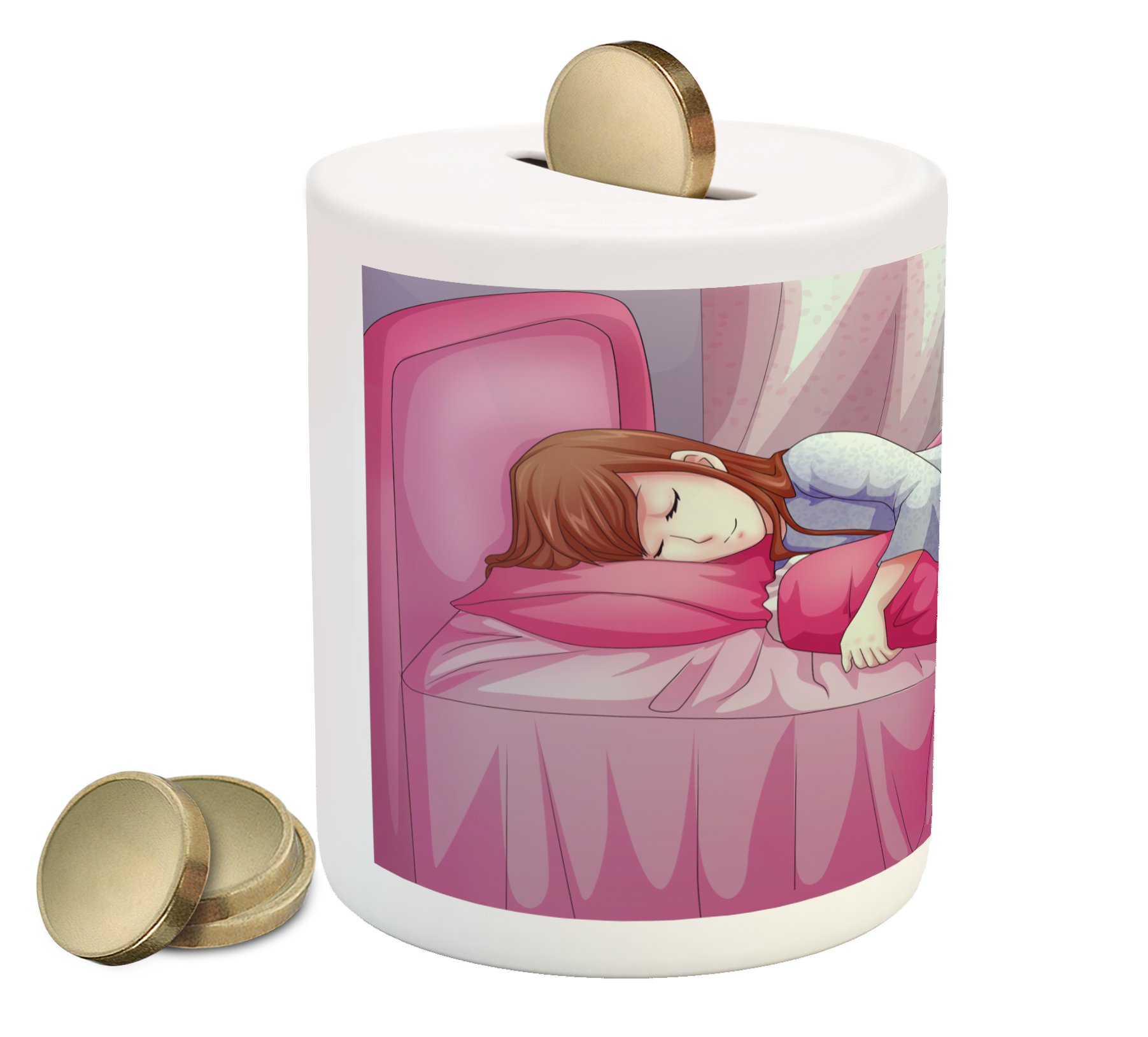 Ambesonne Anime Piggy Bank - Japanese Manga Style Sleeping Girl Ceramic Coin Bank for Cash Saving, Pink | Cartoon Illustration Money Box for Kids, Teens & Anime Fans - Perfect for Birthday Gifts, Room Decor & Japanese Culture Enthusiasts
