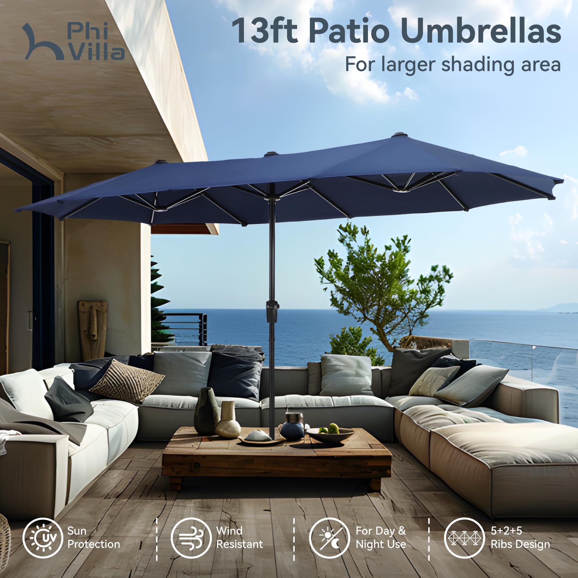 PHI VILLA 6-Piece Outdoor Dining Set with Swivel Chairs - Navy Blue 13ft Patio Umbrella, Textilene Padded Armrest Chairs & Large Metal Table - Perfect for Garden, Backyard, Poolside & Outdoor Entertaining