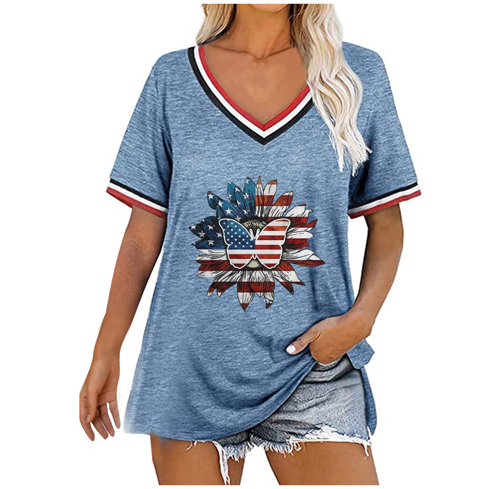Women's American Flag V-Neck Tee - Patriotic 4th of July Short Sleeve Top with Sunflower & Stripes Patchwork Design | Perfect for Independence Day Celebrations, Summer BBQs & Casual Outings