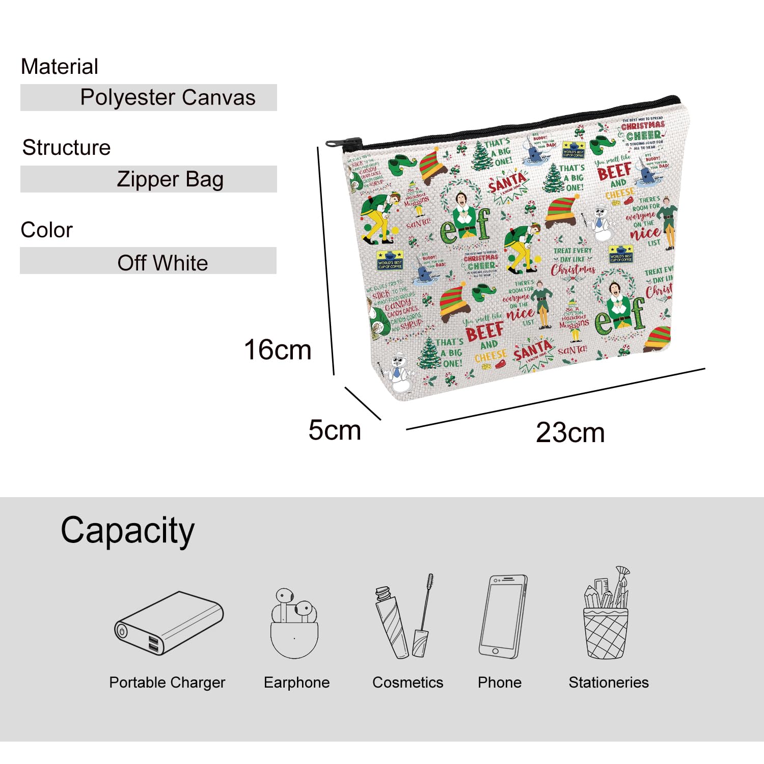 VAMSII E-F Movie Christmas Makeup Bag - Santa OMG Zipper Pouch for Buddy Fans | Holiday Vacation Accessories | Perfect for Gift Giving, Travel & Cosmetics Storage