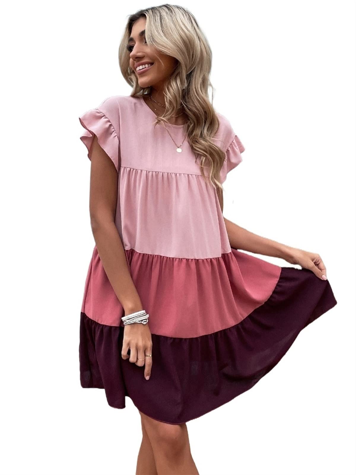Women's Flounce Sleeve Chiffon Summer Dress with Ruffle Hem - Casual Smock Dress for Beach, Party & Everyday Wear
