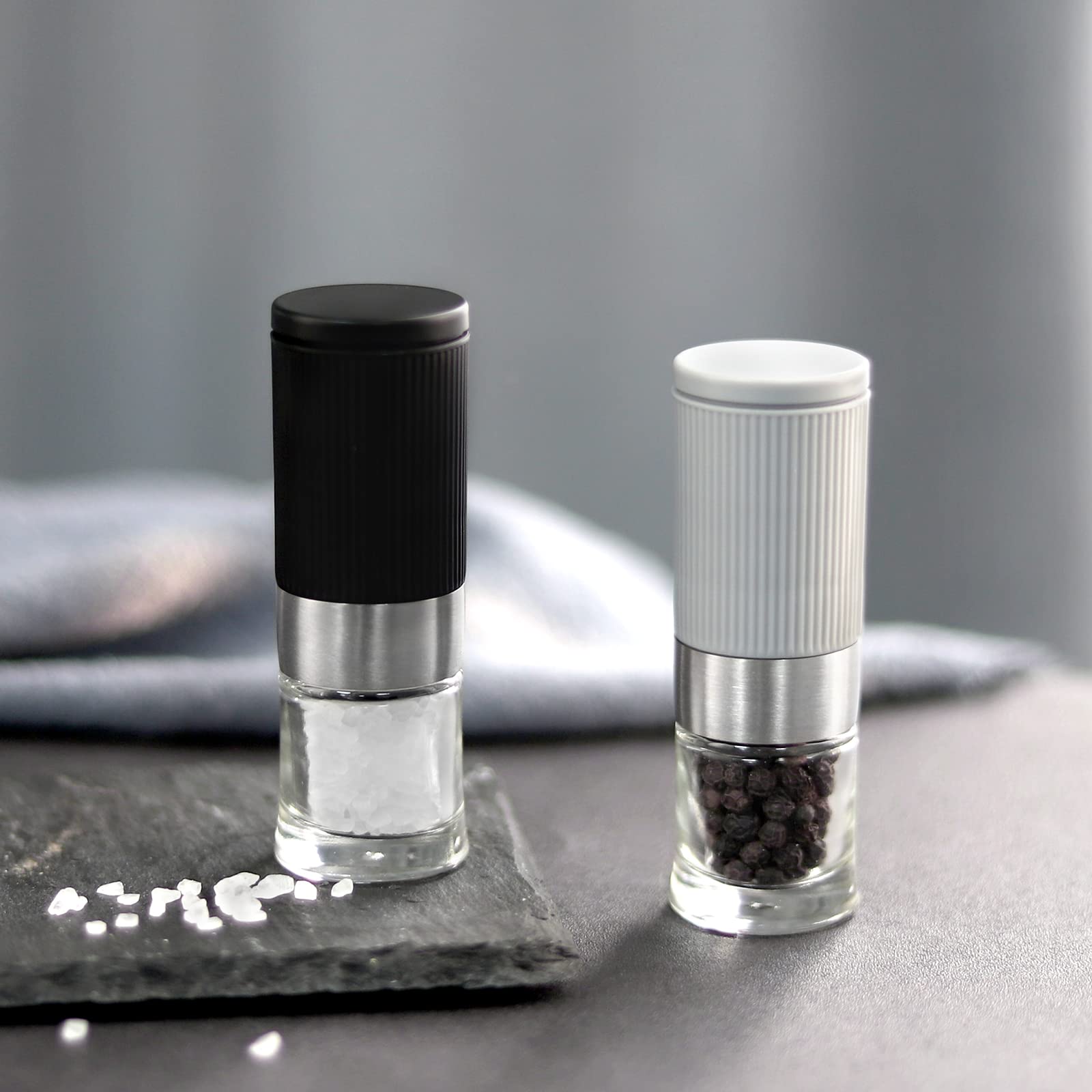 Premium Mini Salt and Pepper Grinder Set - Adjustable Ceramic Spice Mill with Funnel & Storage Bag - Portable Kitchen Essential for Cooking, Camping, Picnics & Outdoor Dining