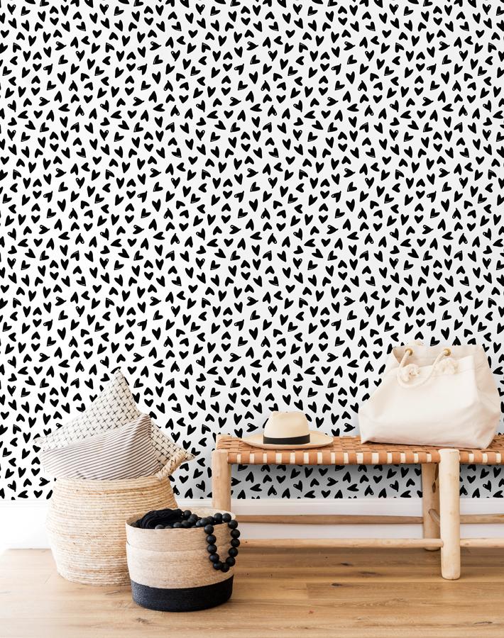 Hearts Wallpaper by Sugar Paper - Black on White Design for Home Decor, Nursery & Bedroom
