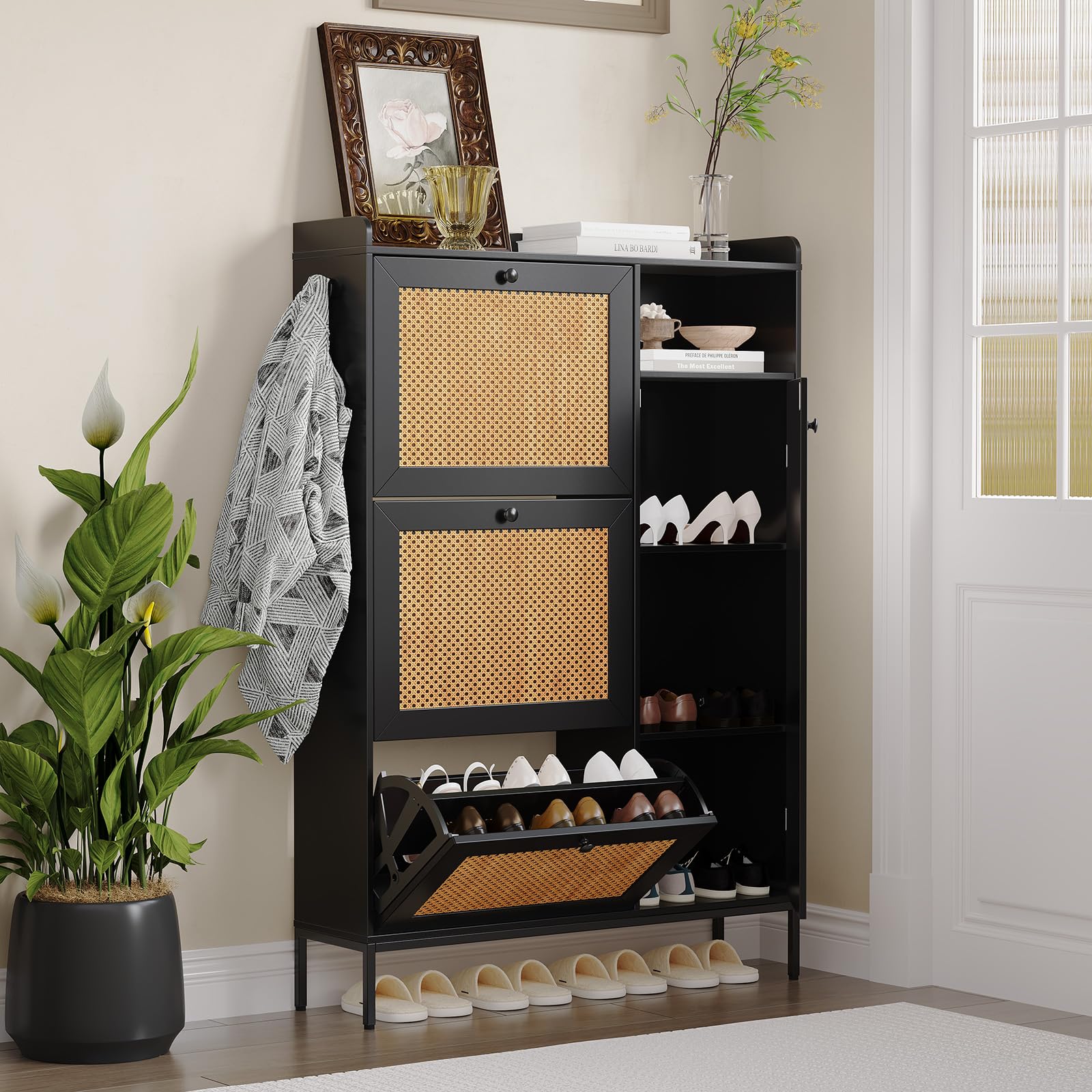 GAOMON 3-Tier Flip Drawer Shoe Storage Cabinet - Rattan Freestanding Shoe Organizer with Adjustable Shelves & Metal Knob for Entryway, Hallway, Closet - Space Saving Narrow Shoe Rack for Small Spaces - Easy Assembly (Black) - Perfect for Apartments, Dorms & Tight Spaces