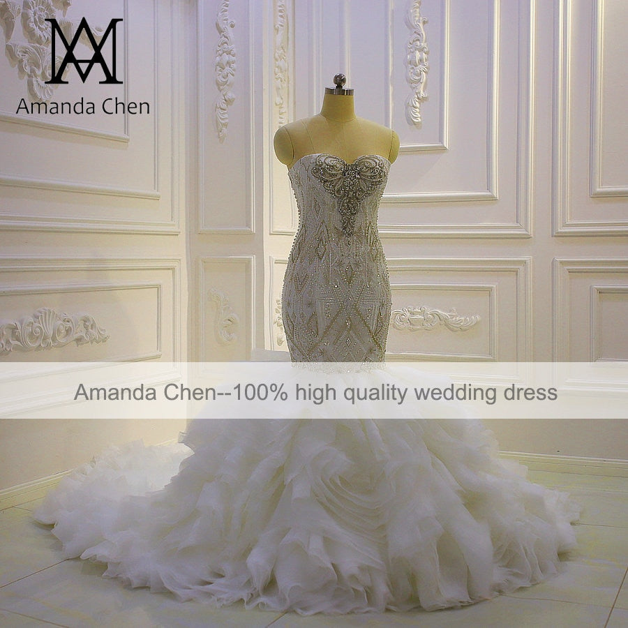 Amanda Novias Original Design Crystal Beaded Tiered Strapless Wedding Dress AM1038 - Perfect for Bridal, Prom, Evening Gala & Formal Occasions