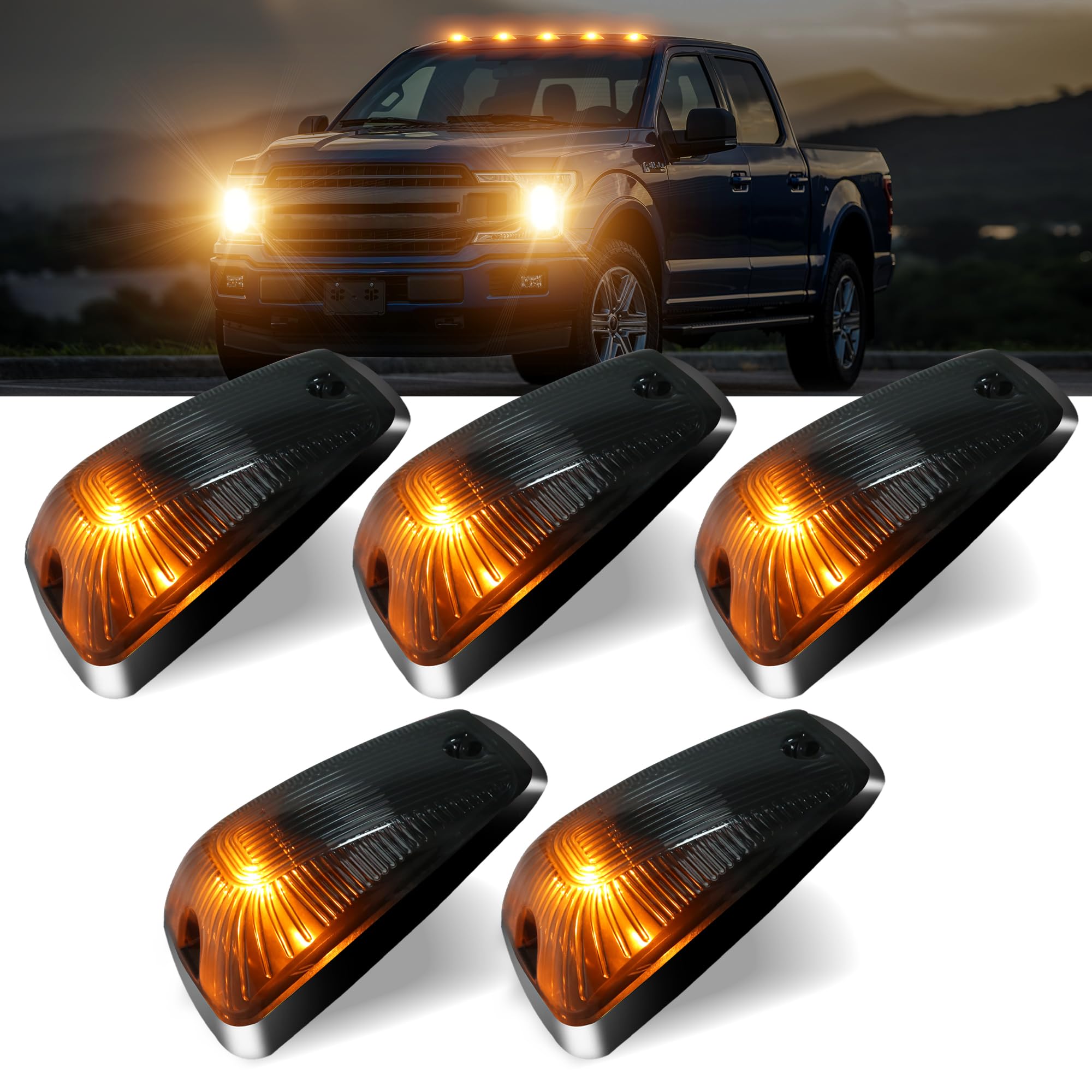 **12V Smoked Lens Amber LED Roof Cab Marker Lights for Ford F250 F450 F550 (1999-2016) - Clearance Running Lights for Super Duty Pickup Trucks - Ideal for Night Driving & Off-Road Adventures**