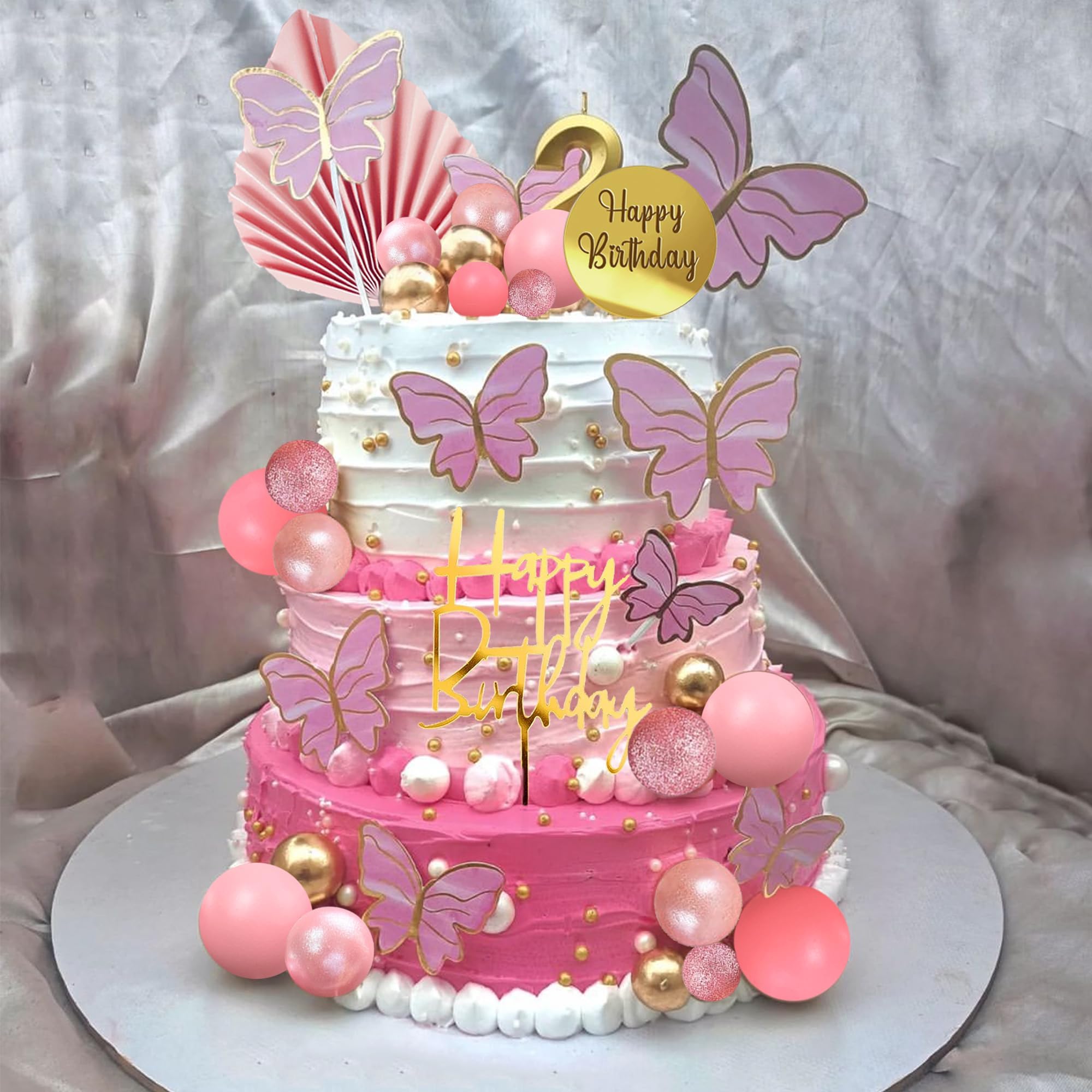 Pink Butterfly Cake Topper with Balls - Boho Birthday Cake Decorations for Baby Shower, Wedding & Party Supplies | Perfect for Boho-Themed Celebrations and Special Occasions