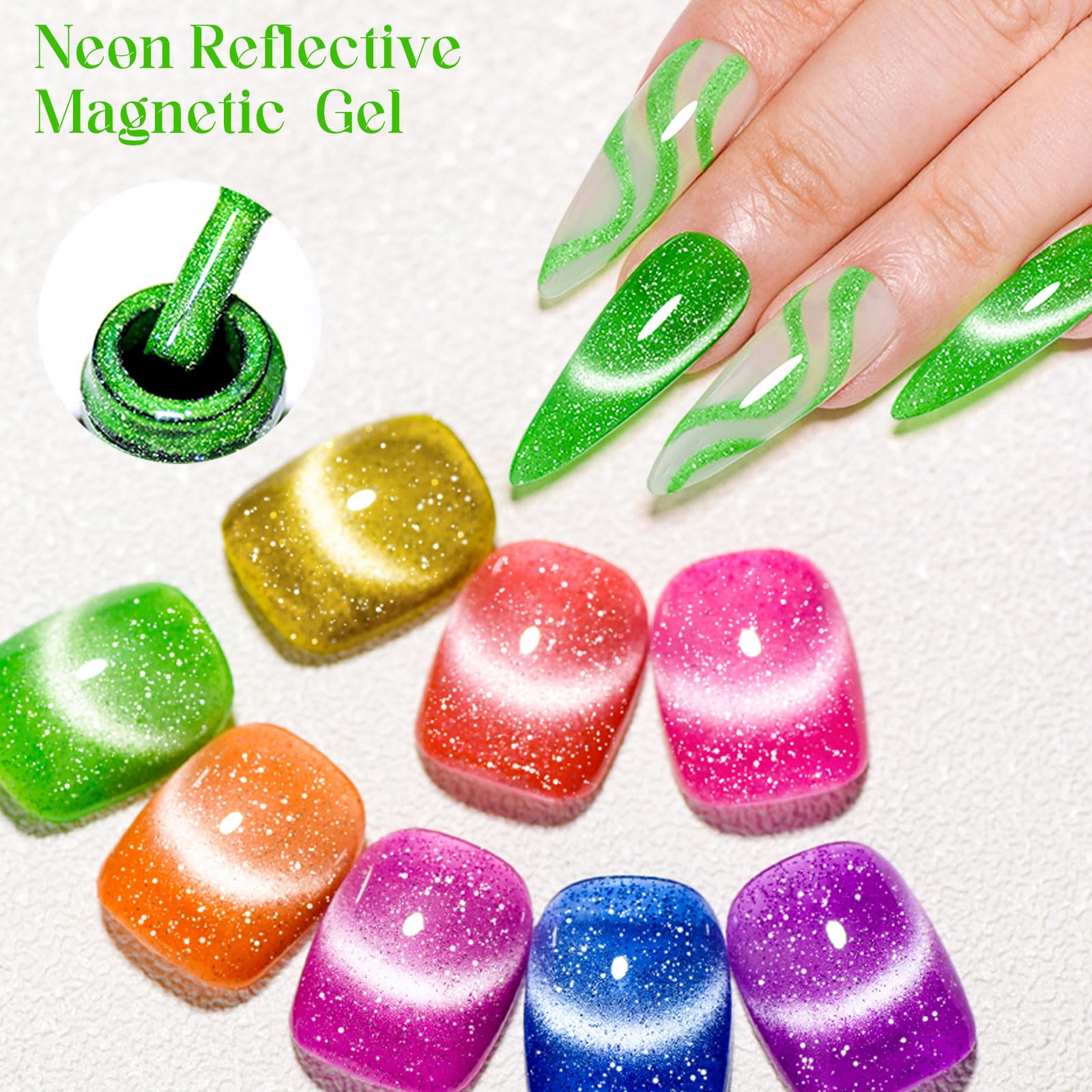 12PCS Cat Eye Gel Nail Polish Set - 8 Vibrant Colors with Glow in Dark Effect & Magnet for Stunning Designs | Neon Glitter Nail Polish Kit in Pink, Green, Blue, Purple | Perfect for DIY Manicures, Nail Art Gifts & Party Looks