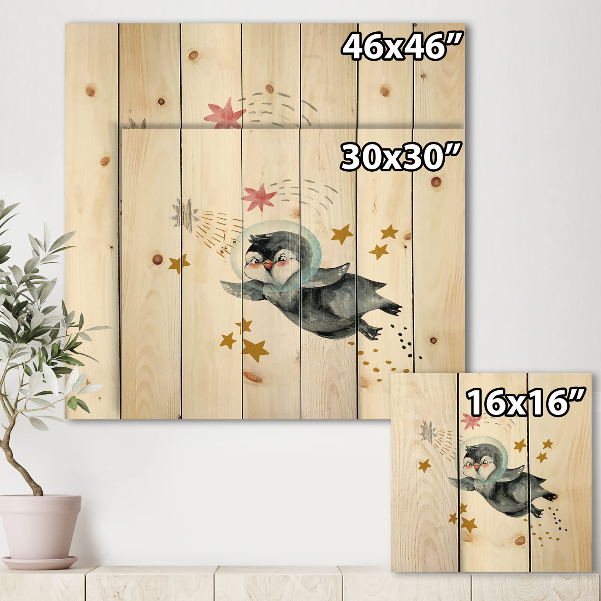 Little Penguin Flying Stars and Planets I - Farmhouse Style Wall Art Print on Natural Pine Wood | Nursery Decor, Kids Room Decoration, Unique Gift Idea