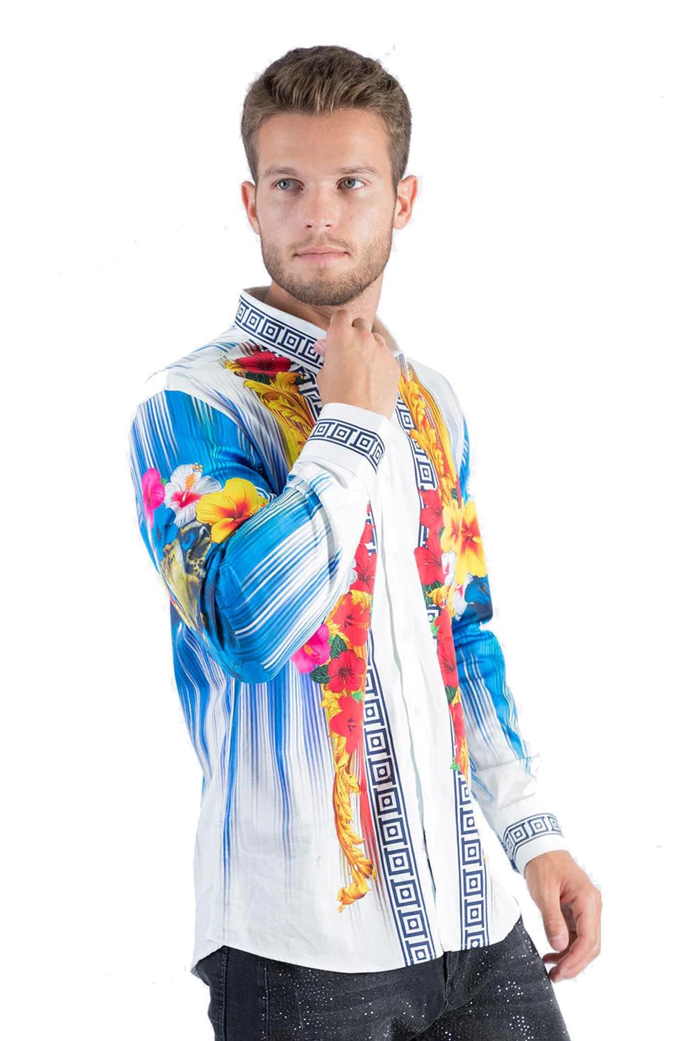 Barabas Men's Rhinestone Floral Tiger Greek Pattern Shirts - Stylish Casual Button Down Shirt for Party, Club & Night Out - SPR612