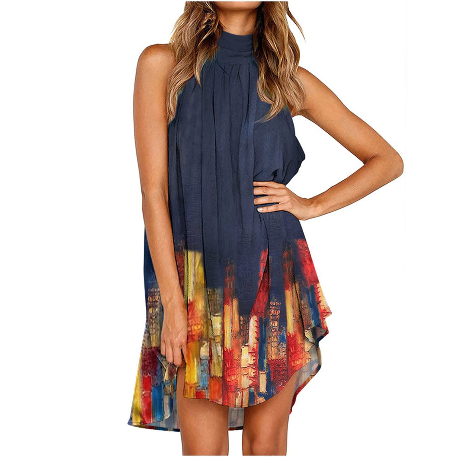 Boho Dresses for Women 2023 - Summer Casual Sleeveless Printed Maxi Dress with Round Neck & Asymmetrical Hem | Perfect for Beach Vacation, Music Festivals and Boho Chic Outfits