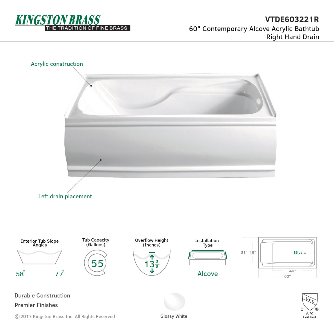 Aqua Eden VTDE603221X 60x32x21 Inch Acrylic Alcove Bathtub - Perfect for Small Bathrooms & Modern Home Spa Experience