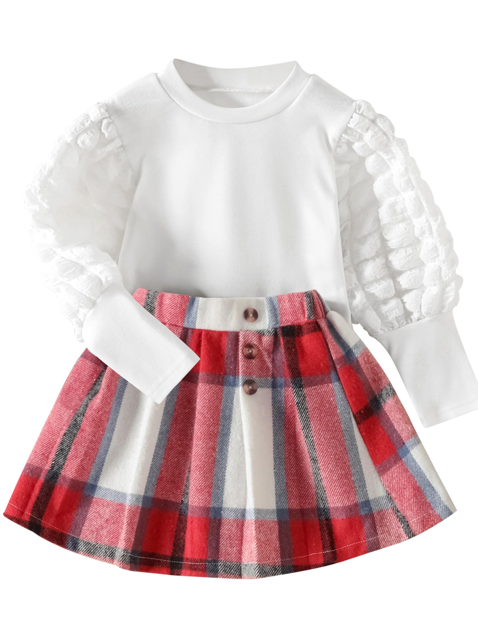 Toddler Girl Outfit Set - Puff Sleeve Top & Plaid Pleated Skirt 2-Piece Winter Clothes for Baby Girls | Fall & Winter Fashion, Holiday Dresses, Birthday Party Outfits