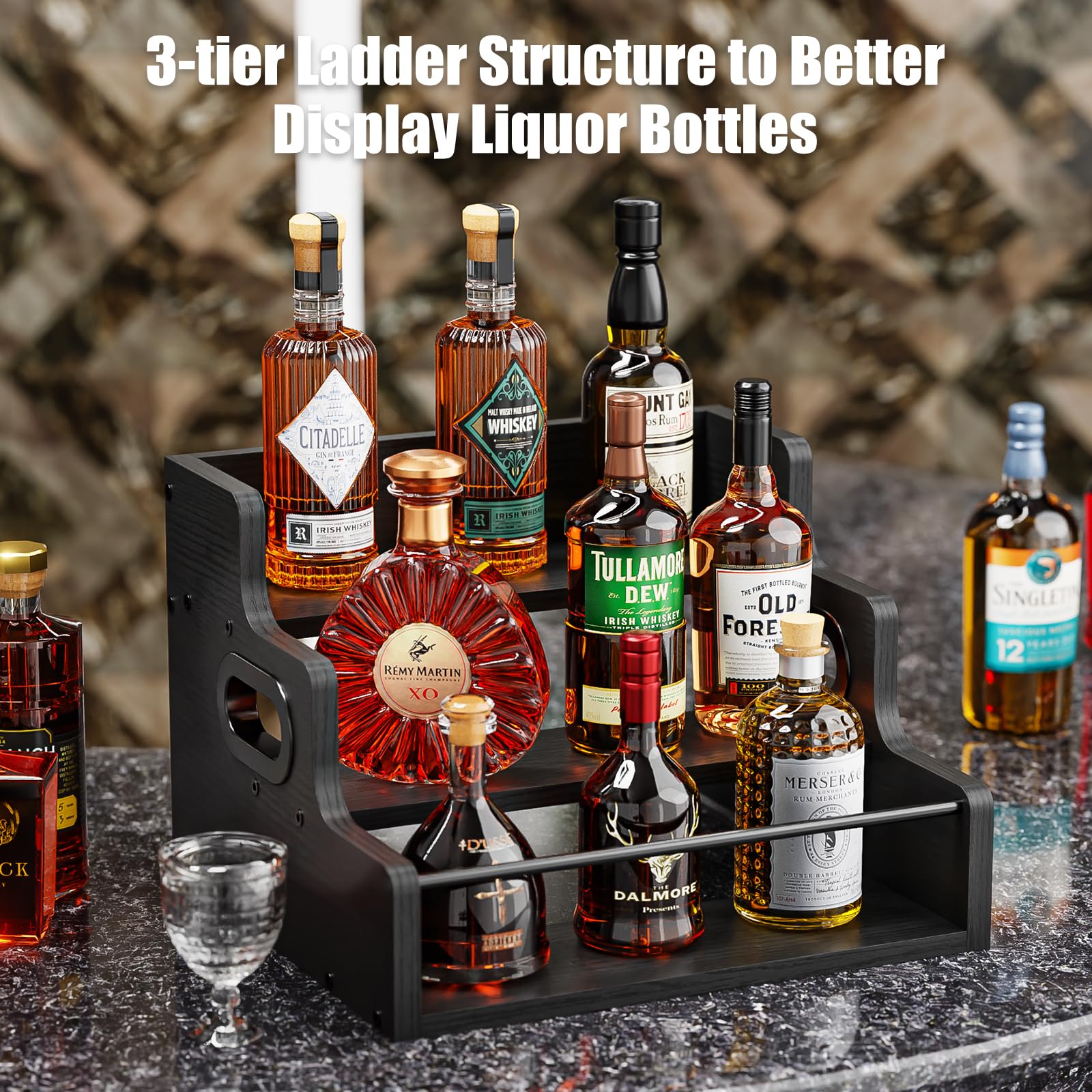 3-Tier Black Retro Liquor Bottle Display Shelf - Countertop Wine Rack Organizer for Whiskey, Spirits & Coffee Syrups | Perfect for Home Bars, Mini Bars & Kitchen Counter Organization