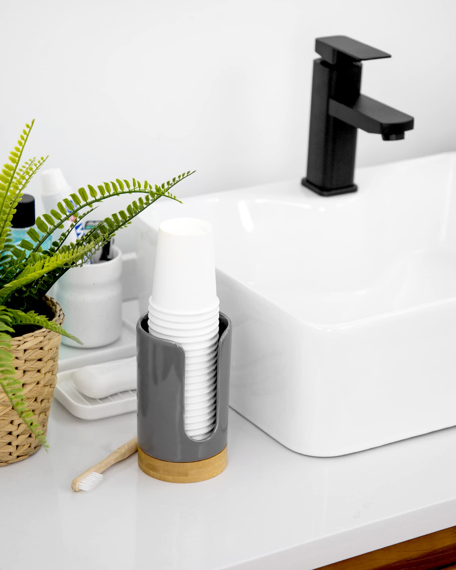 Ceramic Bathroom Cup Dispenser - 3-5 oz Disposable Paper & Plastic Cup Holder for Mouthwash, Guest Toiletries & Coffee - BPA-Free Countertop Organizer (Grey) - Perfect for Home, Office & Hotel Bathrooms