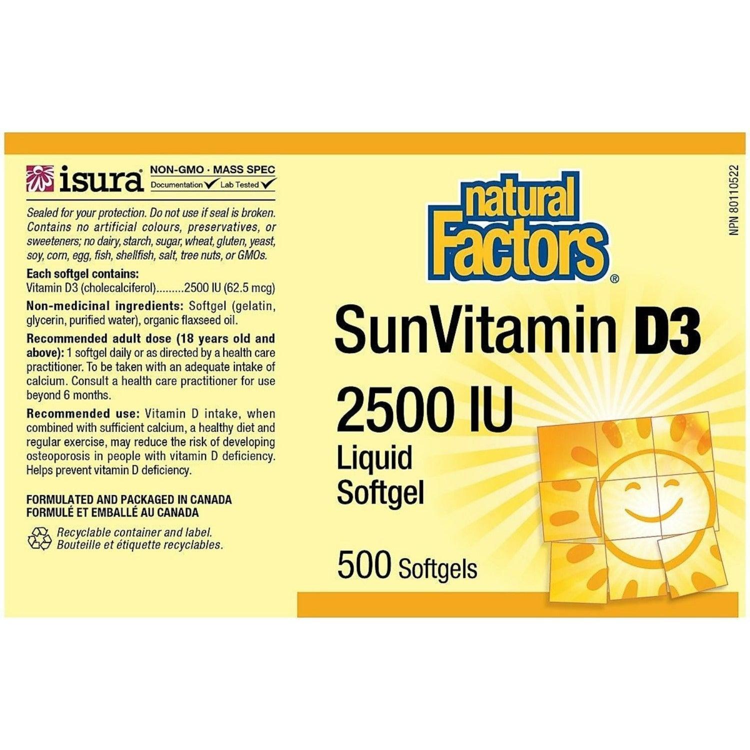 Natural Factors Vitamin D3 2500 IU Softgels (500 Count) - Supports Immune System & Bone Health - Ideal for Indoor Living & Low Sunlight Areas