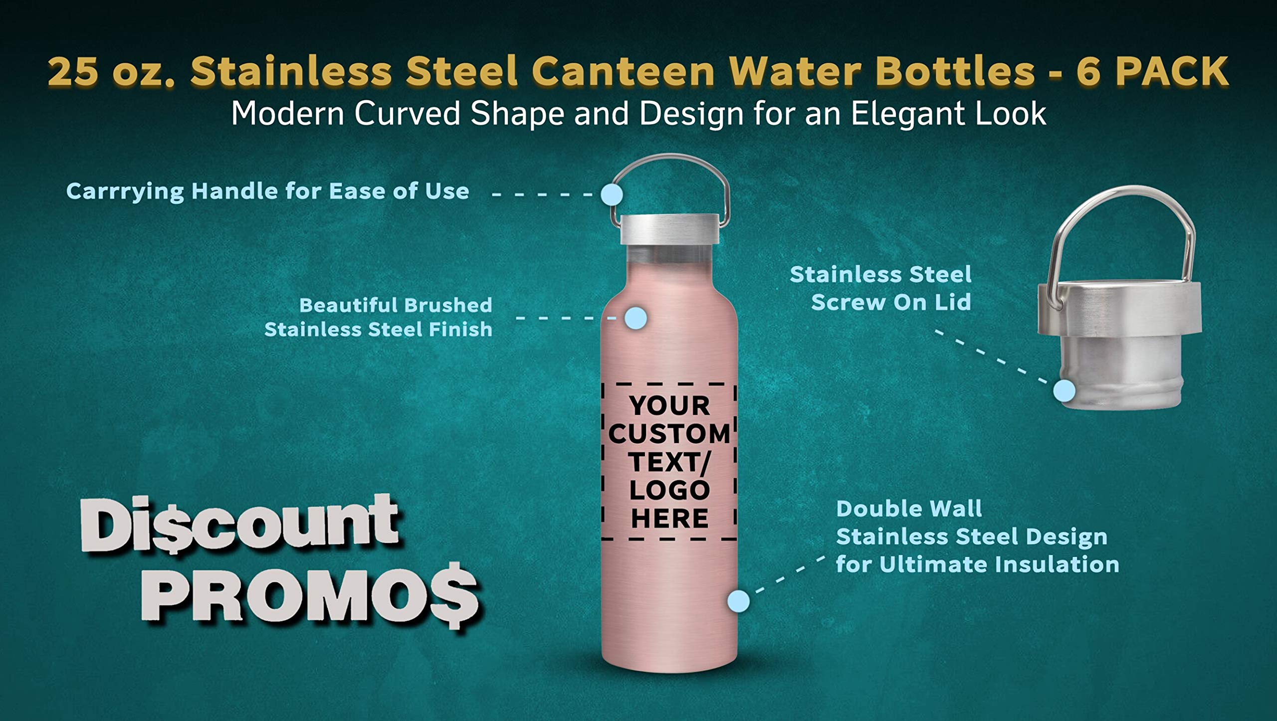 Custom Stainless Steel Water Bottles 25oz (Set of 6) - Personalized Rose Gold Canteens for Events, Giveaways & Business Promotions - Bulk Pack for Corporate Gifts, Team Building & Outdoor Activities