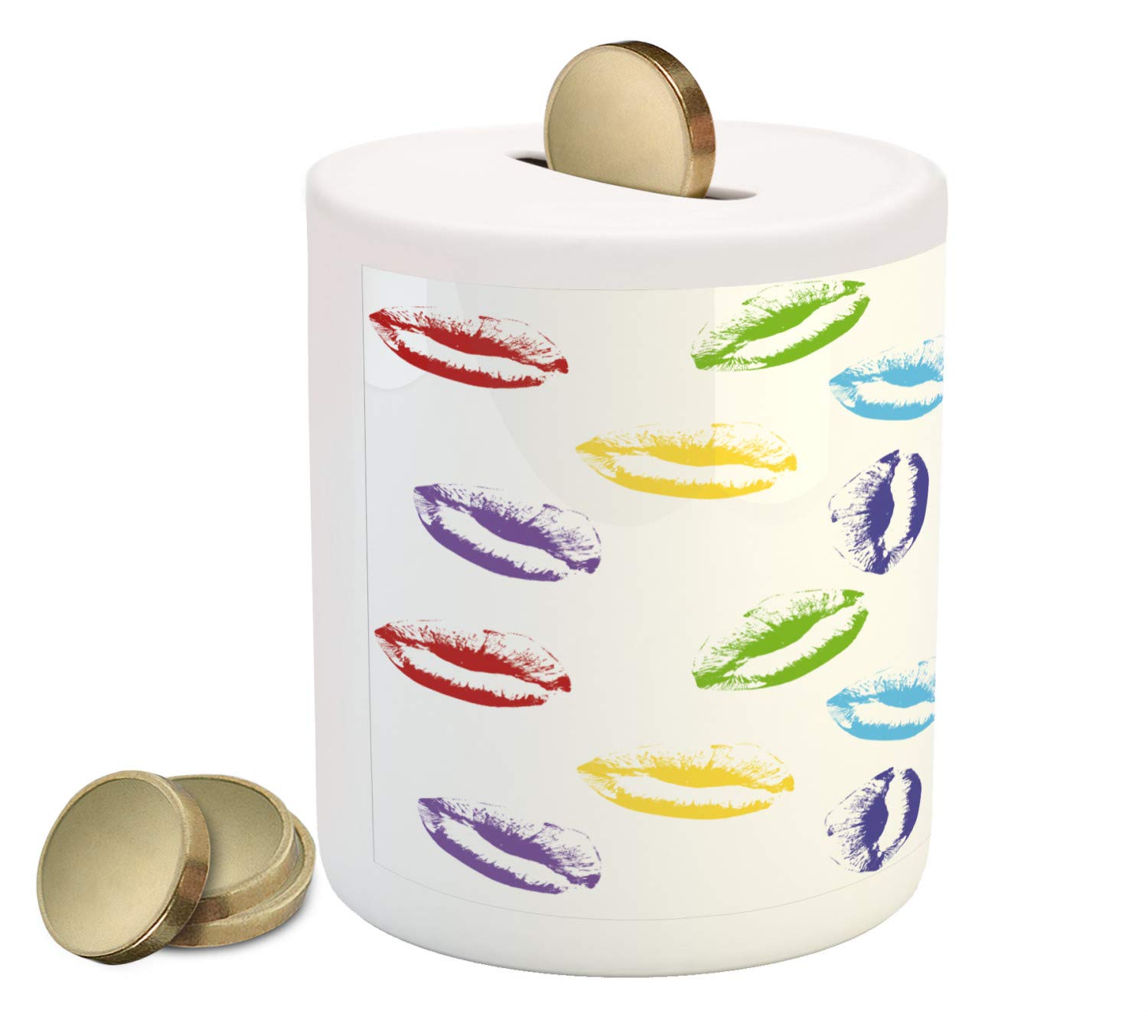 Ambesonne Colorful Piggy Bank - Printed Ceramic Coin Bank for Cash Saving | Makeup & Cosmetics Theme with Lipstick & Kisses Design | Feminine Art Money Box for Girls & Women | Perfect for Birthday Gifts, Home Decor & Savings Goals