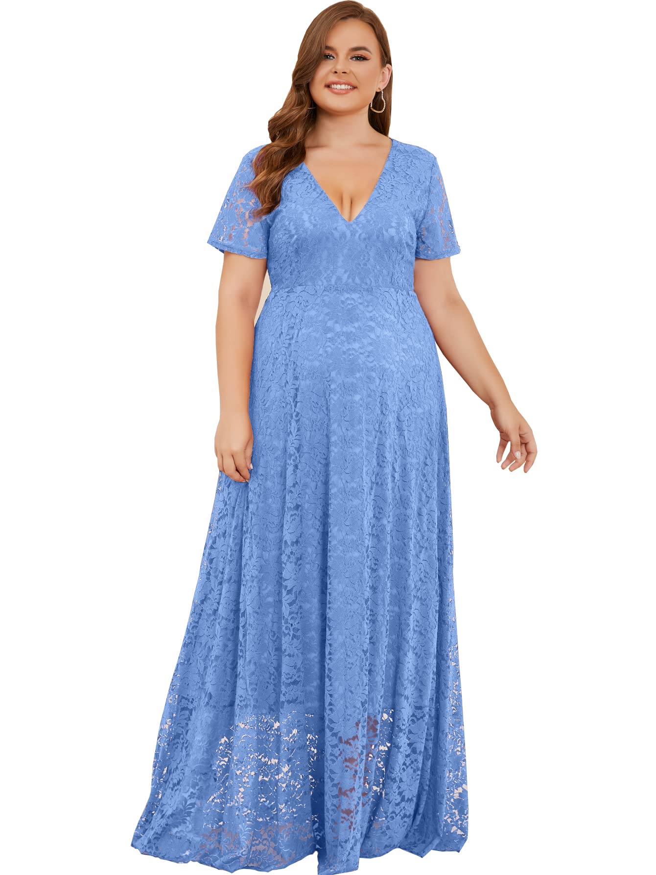 Plus Size Floral Lace V-Neck Long Maxi Dress for Women - Elegant Summer Beach Wedding Party & Vacation Outfit