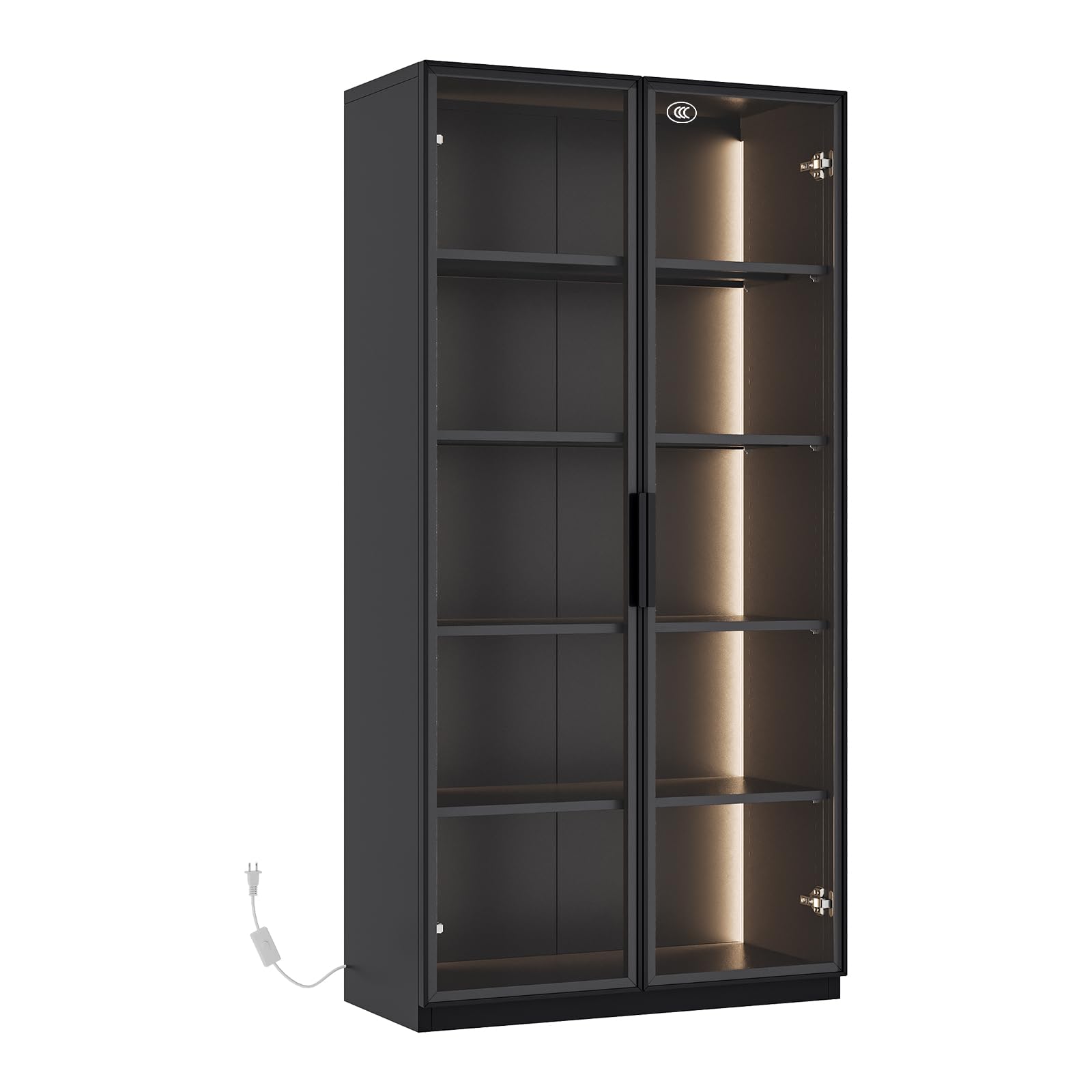 Modern Metal Glass Display Cabinet with LED Lights - Curio Storage for Home Office, Living Room & Pantry - Dark Grey | Perfect for Showcasing Collectibles, China & Decor