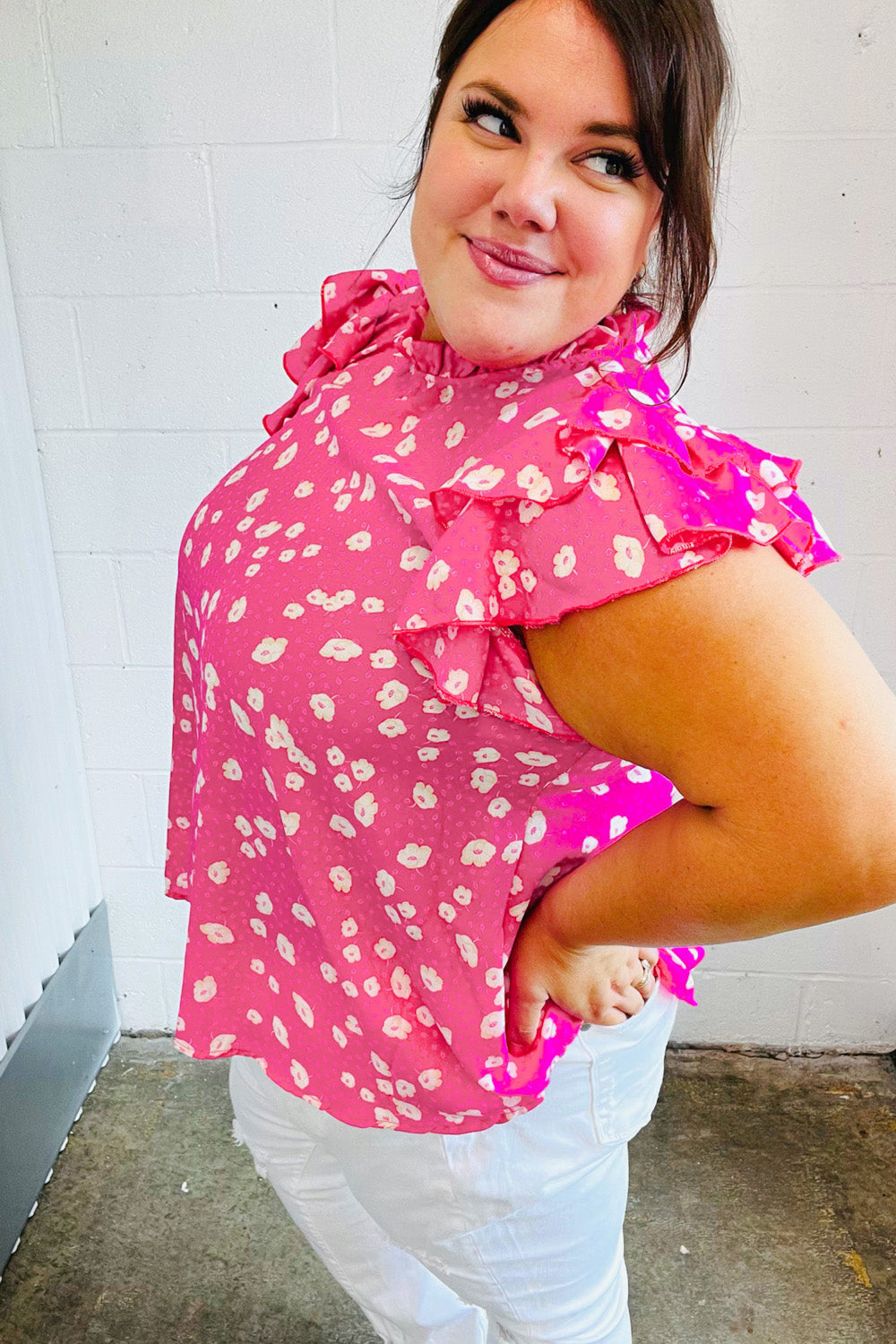 Stylish Hot Pink Floral Print Mock Neck Blouse with Double Flutter Sleeves - Perfect for Spring Outfits, Date Nights & Office Wear