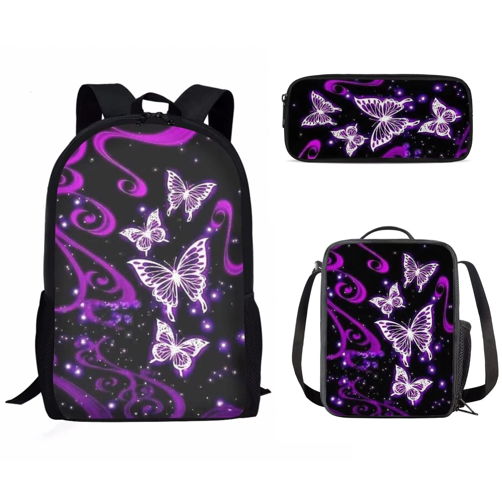 3-Piece Teens School Backpack Set with Lunch Bag & Pencil Case - Purple Striped Butterfly Print Lightweight Book Bag for Girls - Perfect for School, Travel & Daily Use