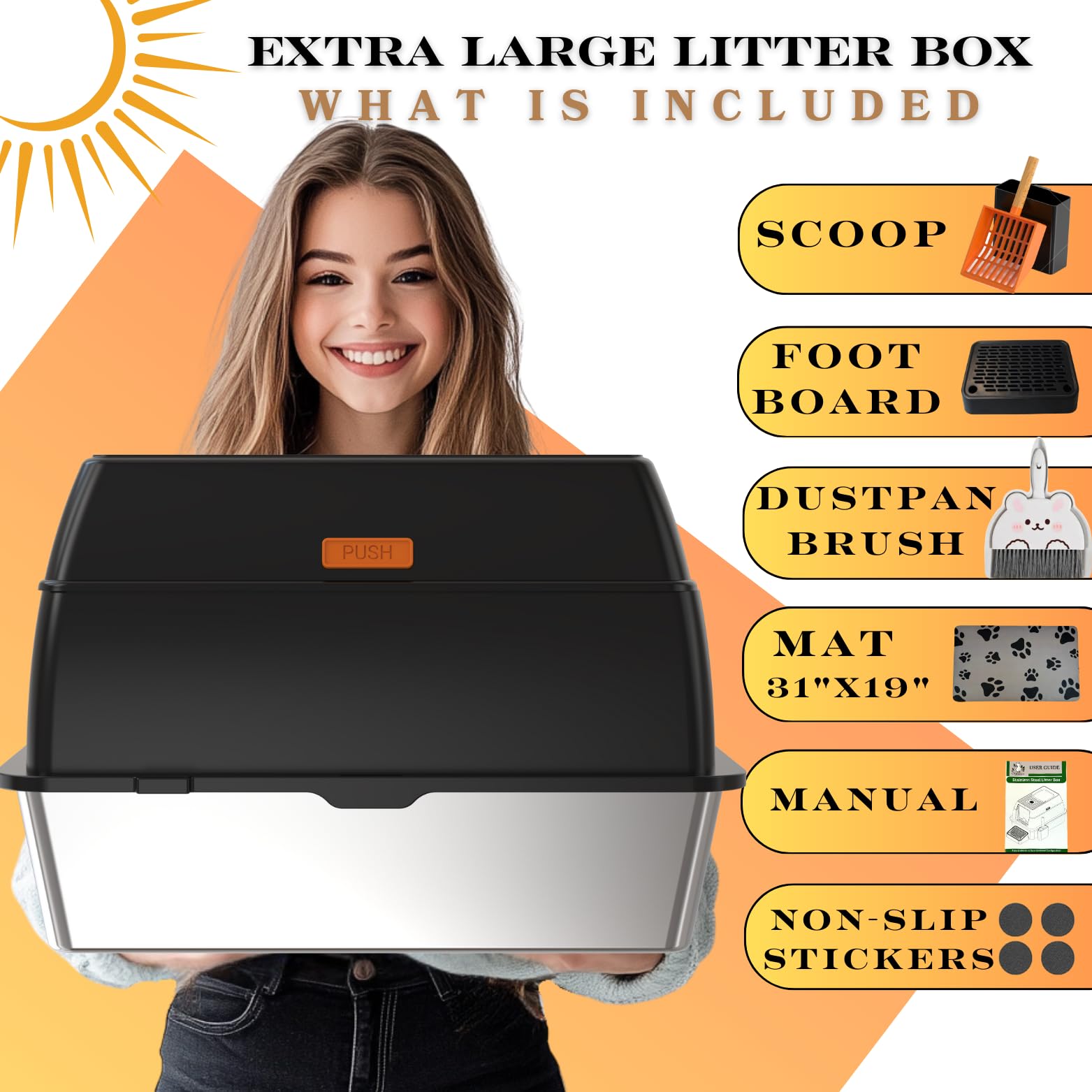 Premium Stainless Steel Cat Litter Box with Lid - Large Top Entry Covered Litter Box with Scoop, Pedal & Anti-Slip Mat - Odor Control, Non-Stick Surface - Ideal for Indoor Cats, Multi-Cat Homes & Small Spaces (Black)