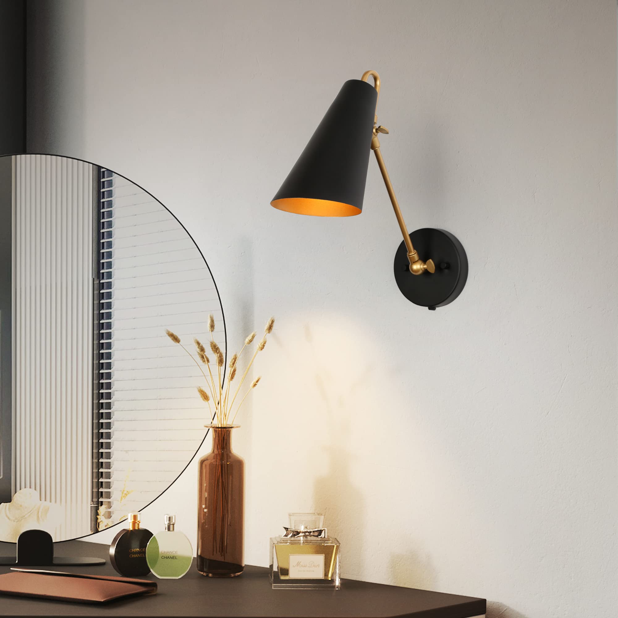 ZEVNI Modern Swing Arm Wall Lamp - Plug-in Wall Sconce with Adjustable Slant-Cut Metal Shade, Black Gold Finish | Perfect for Bedroom, Living Room & Office Lighting