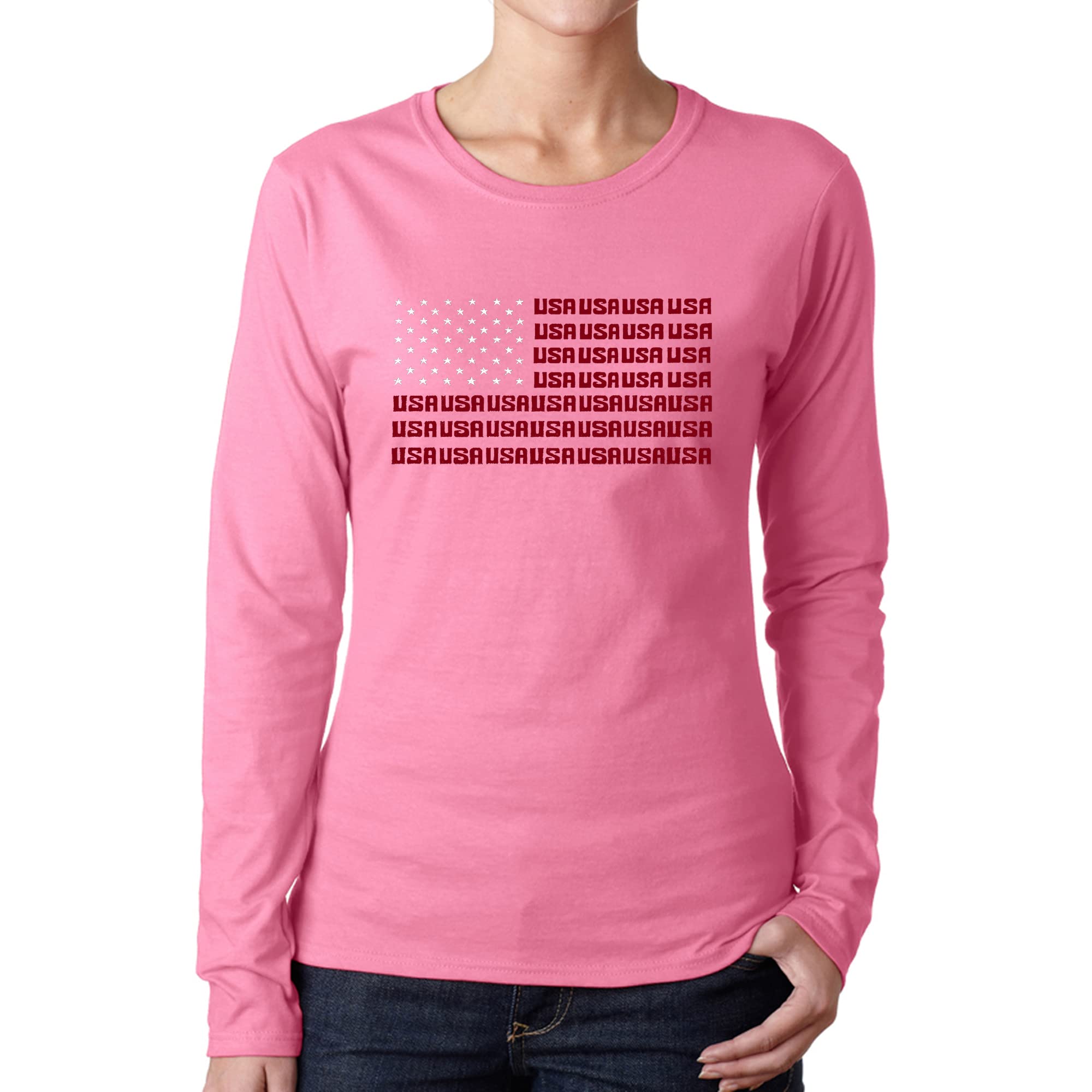 LA POP ART Women's Word Art Long Sleeve T-Shirt - Patriotic USA Flag Design | Comfortable Casual Wear for Everyday Outfits & American Pride Events