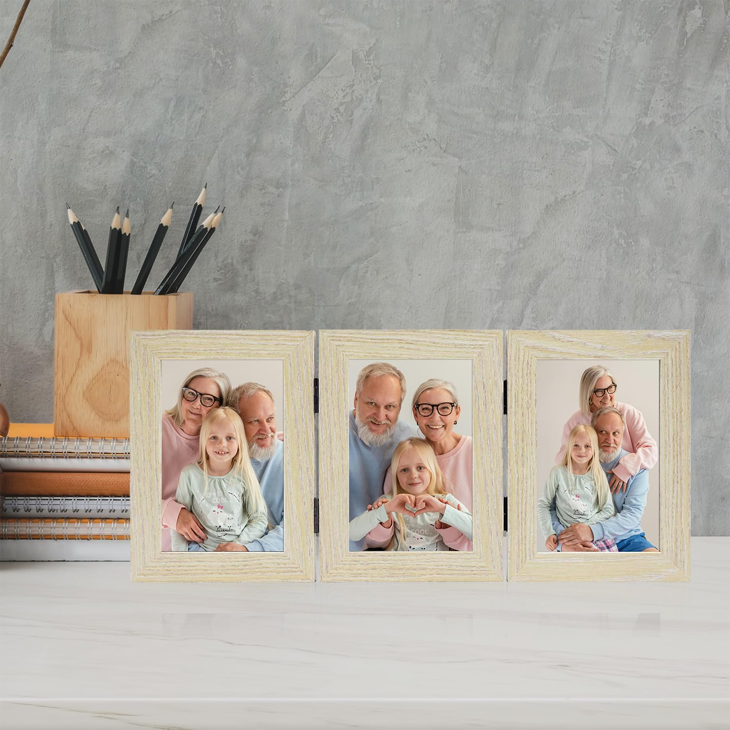 Frametory 4x6 Triple Picture Frame - Trifold Collage Photo Frame with Glass Front, Tabletop Display for Home & Office Decor (Natural Wood, 1 Pack) - Perfect for Family Photos, Wedding Memories & Graduation Pictures