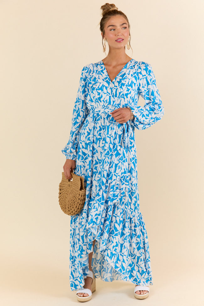 Palmetto Paradise Blue and White Long Sleeve Maxi Dress for Women - Boho Floral Beach Cover Up, Summer Vacation Dress, Perfect for Pool Parties & Tropical Getaways