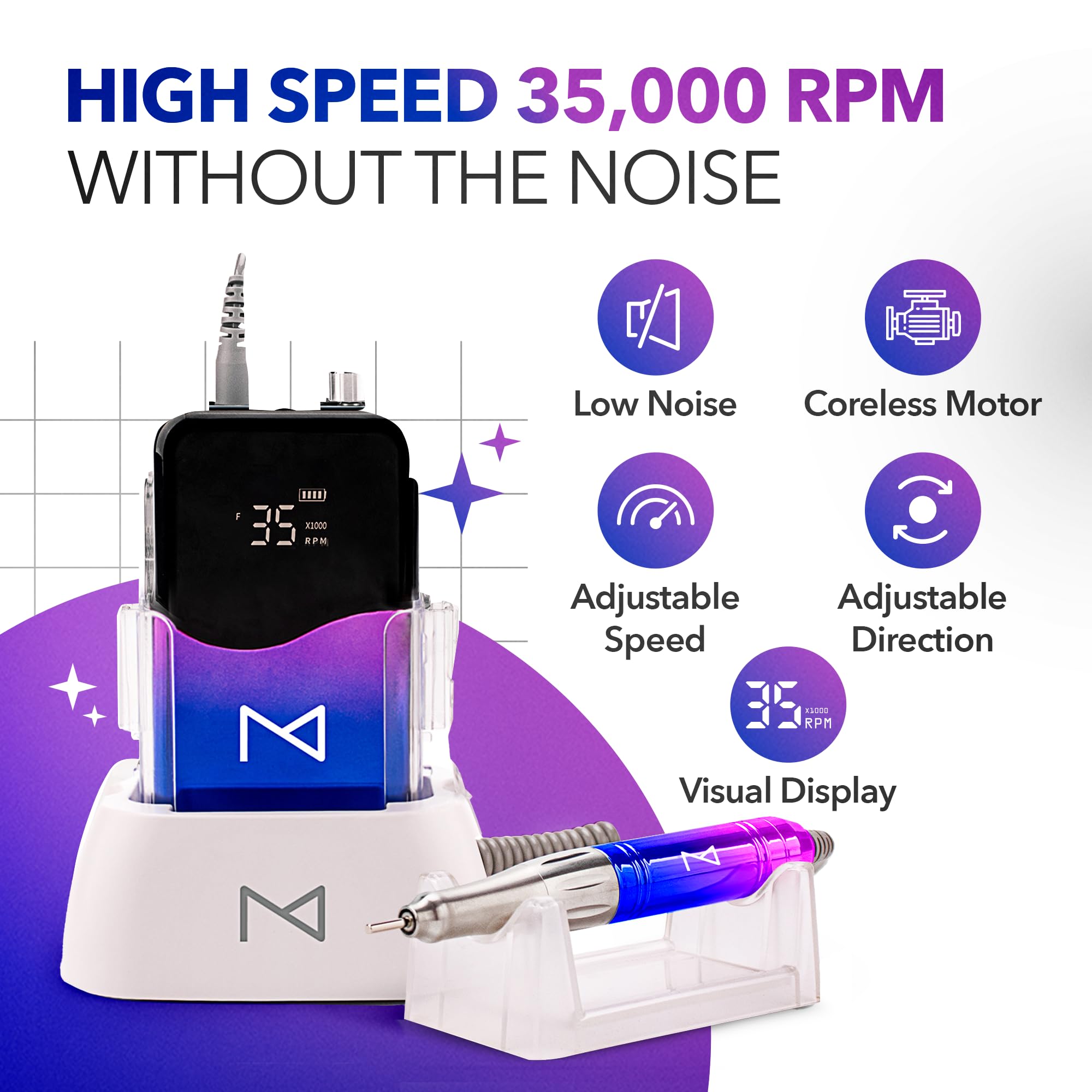 Professional Nail Drill Machine - Coreless 2-in-1 Electric Nail File, Cordless 35000 RPM with HD Display - Perfect for Salon & Home Manicures - Unicorn Pink & Blue Design