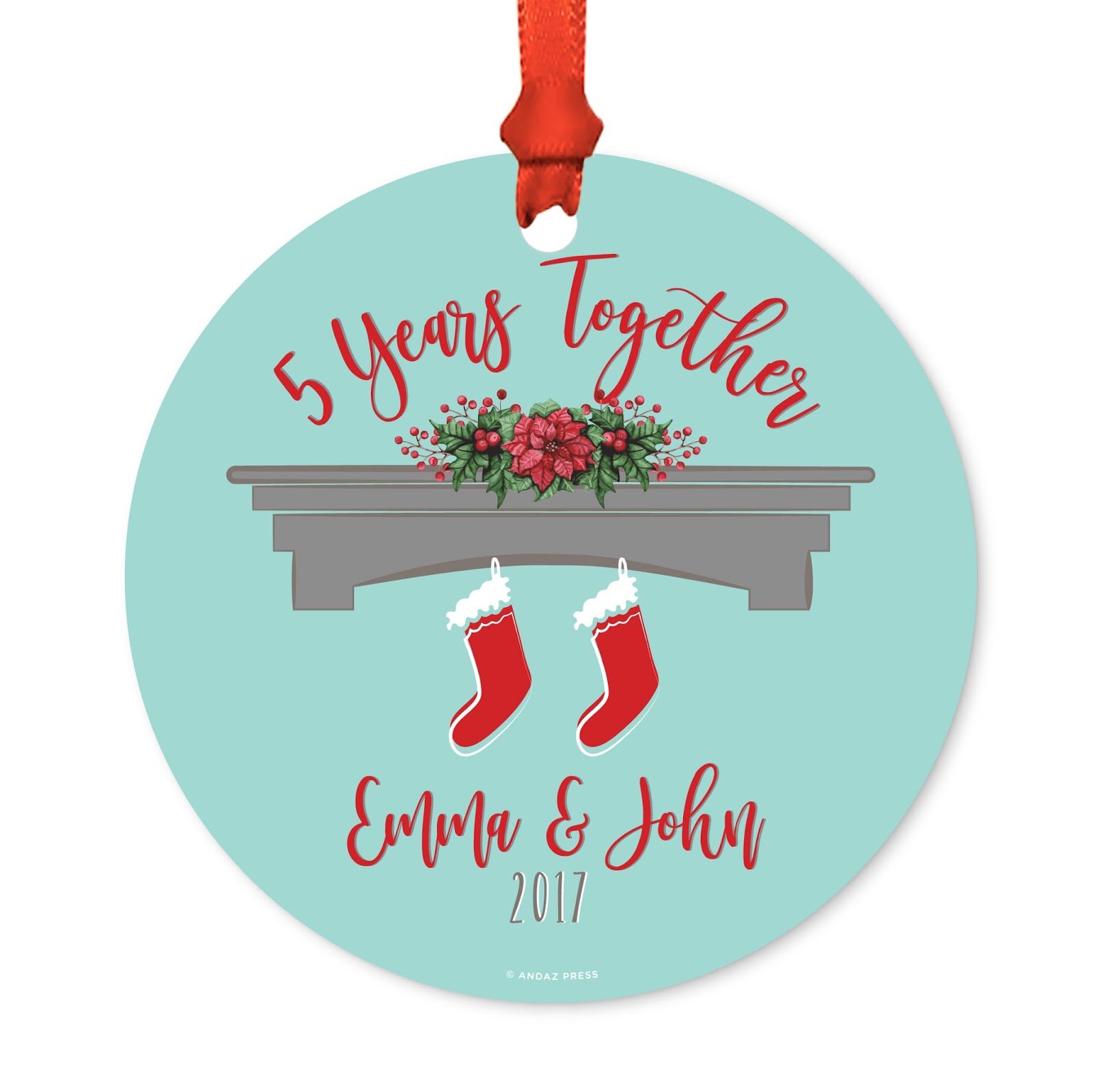 Personalized 5th Wedding Anniversary Metal Christmas Ornament - Custom Engraved 