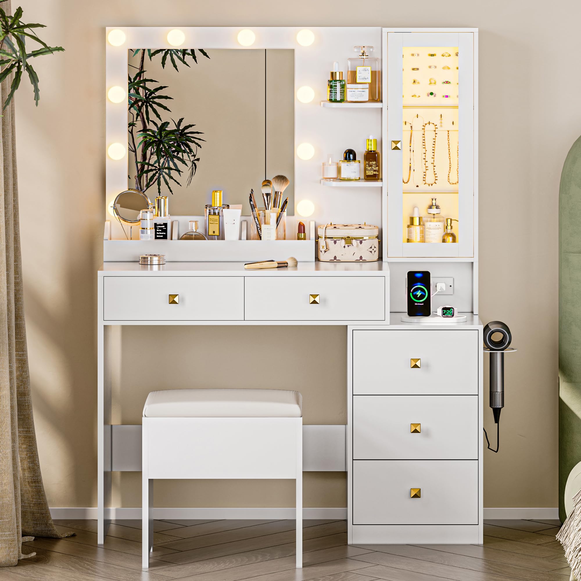 White Vanity Desk with LED Mirror & Lights - 5 Drawers Makeup Vanity Set with Hidden Jewelry Organizer, Adjustable Brightness & 3 Light Modes - Includes Glass Cabinet & Chair for Bedroom, Dressing Room or Beauty Salon