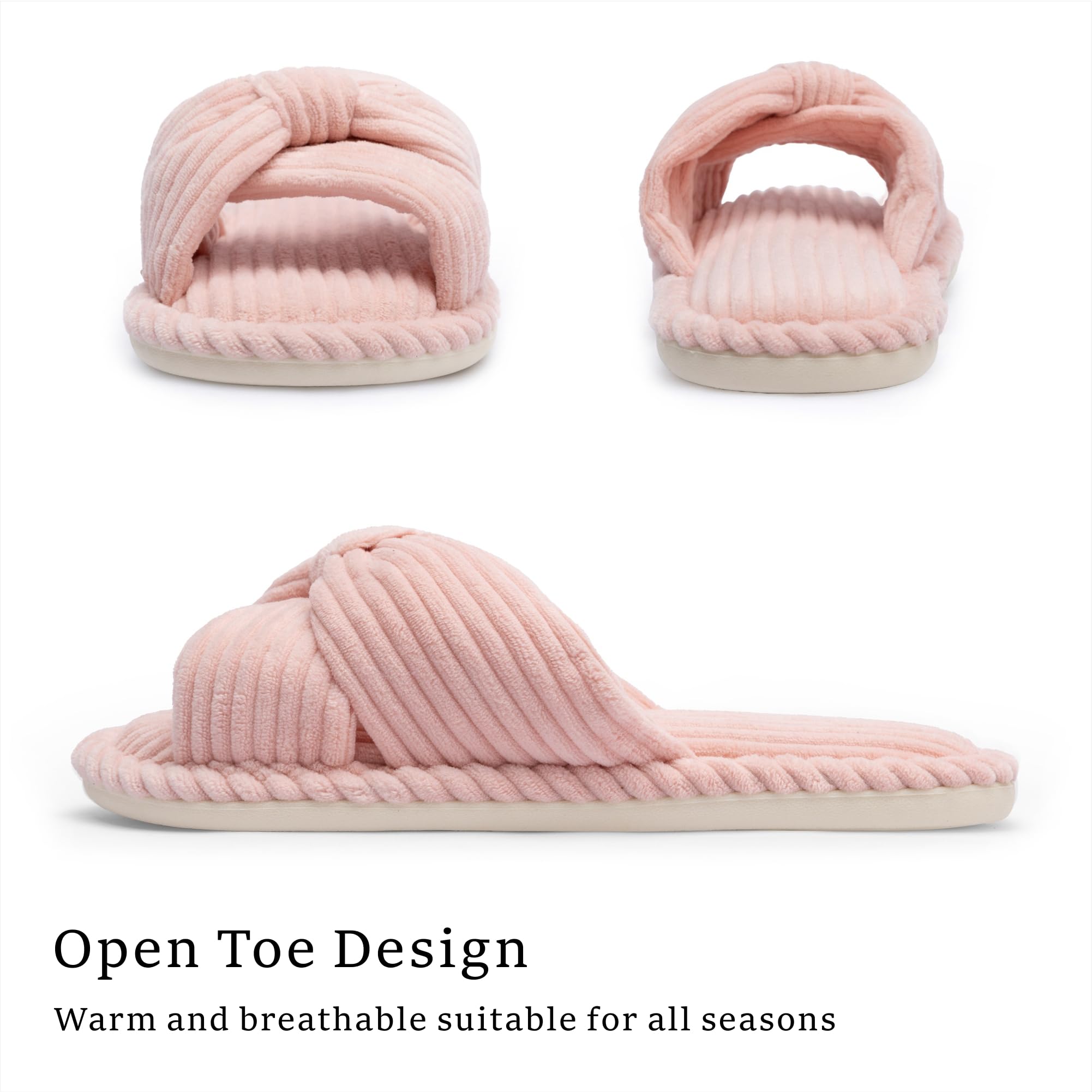 Chantomoo Women's Memory Foam Slippers - Cozy Open Toe Corduroy Slides with Bow for Home, Bedroom, Bathroom & Spa | Comfortable House Shoes for Relaxation & Lounging