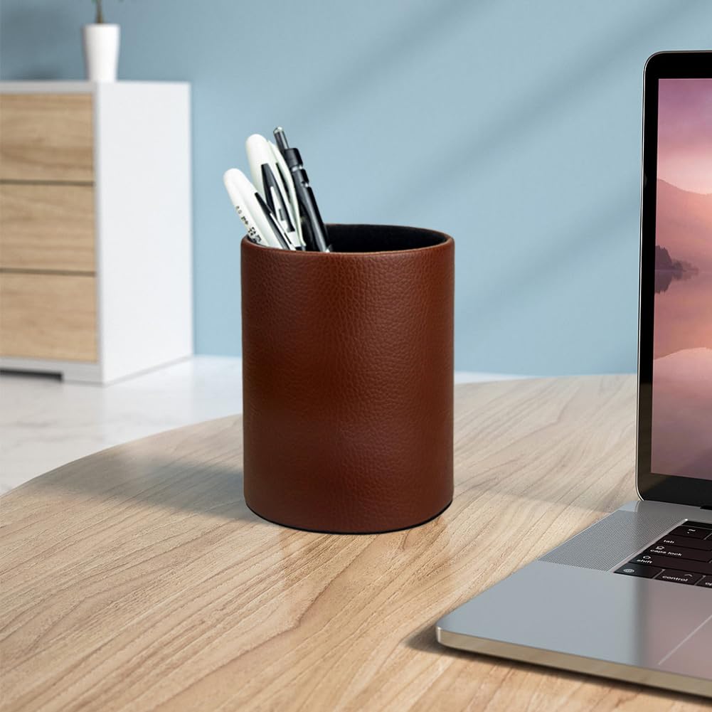 Premium PU Leather Pen & Pencil Holder - Desk Organizer Cup for Brushes, Scissors & Office Supplies (3.3