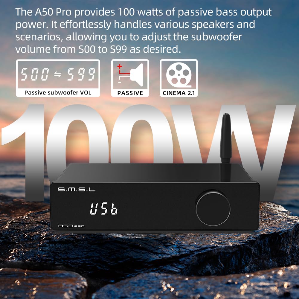 S.M.S.L A50 PRO Hi-Fi Power Amplifier with 2.1 Channel High/Low Pass Filter, Infineon MA12070P Chip, Bluetooth 5.0/USB/HDMI/AUX Inputs, Adjustable Bass Volume for Passive Subwoofer - Perfect for Home Theater & Audiophile Sound Systems