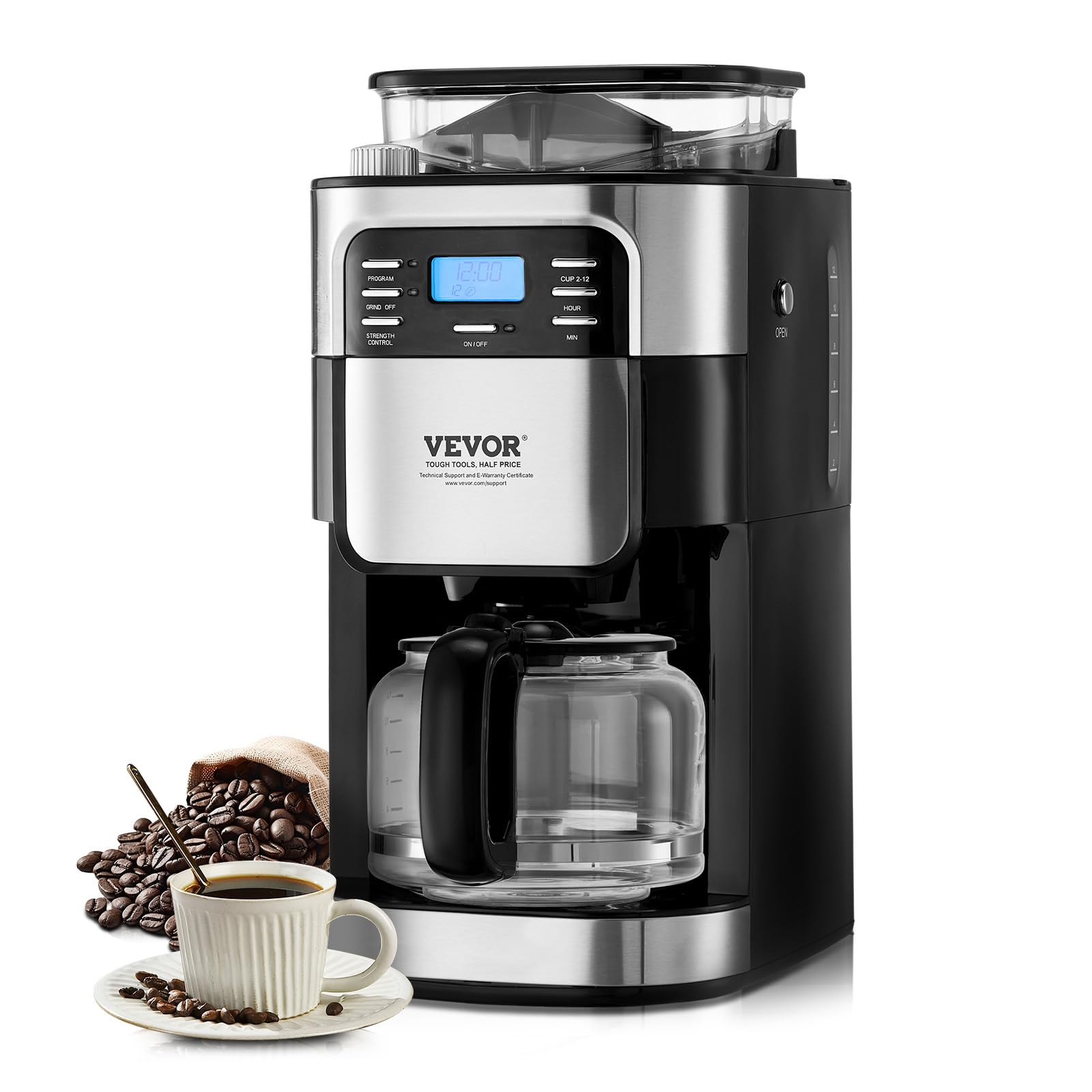 VEVOR 12-Cup Coffee Maker with Built-in Grinder, 3-Strength Control & 24-Hour Programmable Timer - Automatic Grind and Brew Coffee Machine for Home, Office, Restaurant Use