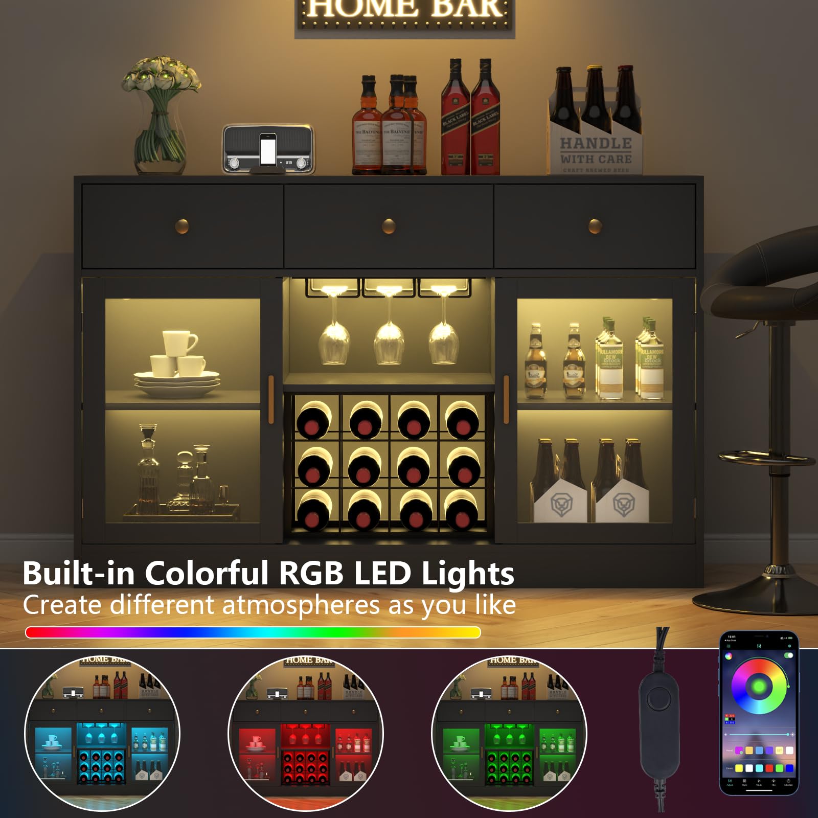 Modern Black Wine Bar Cabinet with LED Light - Home Coffee & Liquor Storage with Adjustable Shelves, Glass Door, and Wine Rack - Perfect for Kitchen, Dining Room, or Home Bar Organization