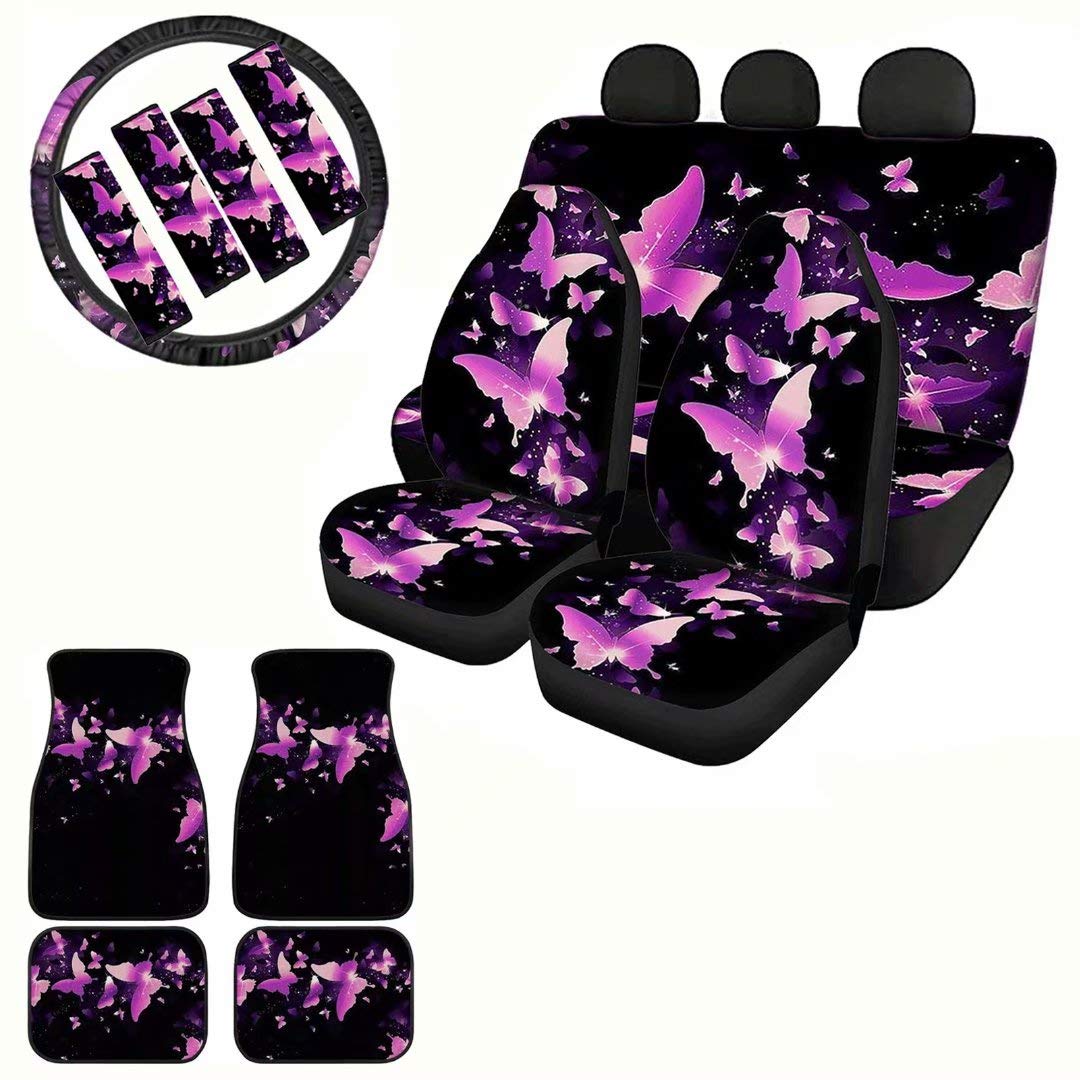 YoungerBaby Pink Butterfly Car Seat Protectors - Universal Front & Back Seat Covers for Pets, Non-Slip Car Foot Mats, Steering Wheel Cover & Shoulder Pads - Fits Most Cars, Trucks & SUVs (Black Base) - Perfect for Road Trips, Pet Travel & Daily Commuting